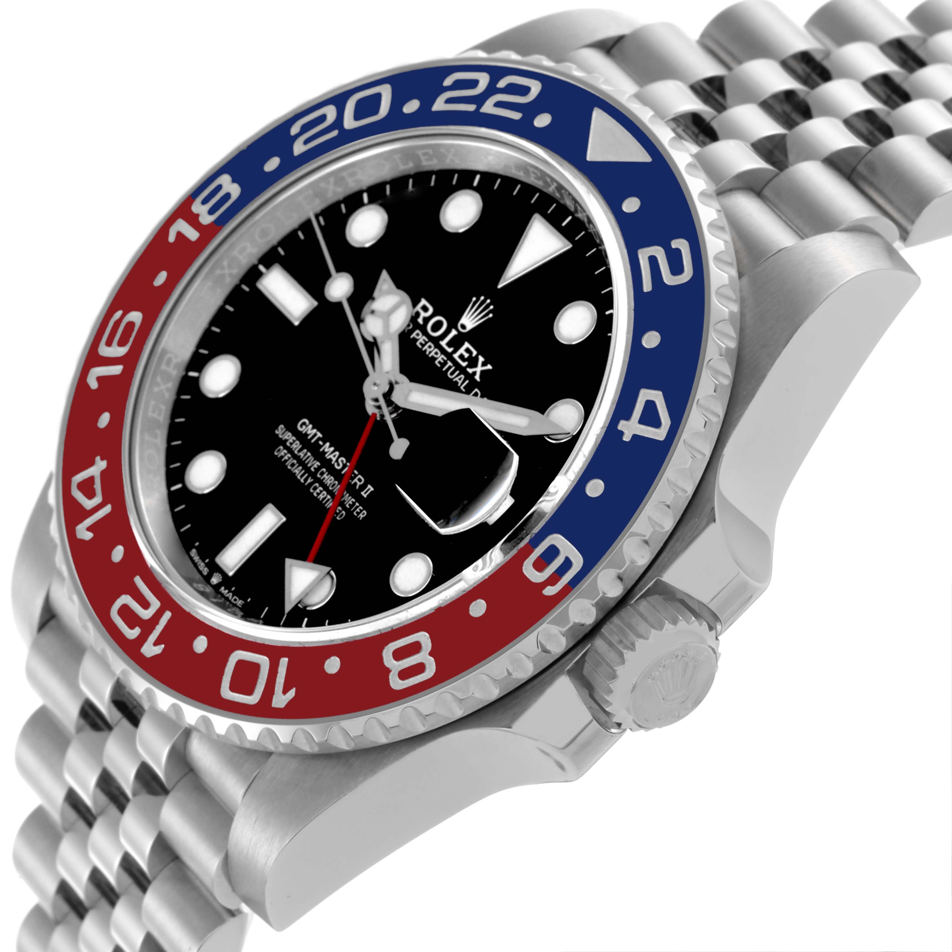 The Rolex GMT-Master 126710BLRO Men's Stainless Steel Black Dial 126710BLRO Men's Stainless Steel Black Dial watch is shown from a side angle, highlighting its bezel, dial, case, and part of the bracelet.