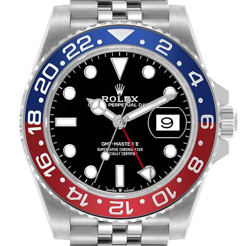 The Rolex GMT-Master II watch is shown from a top view, displaying the bezel, dial, hands, date, and part of the bracelet.