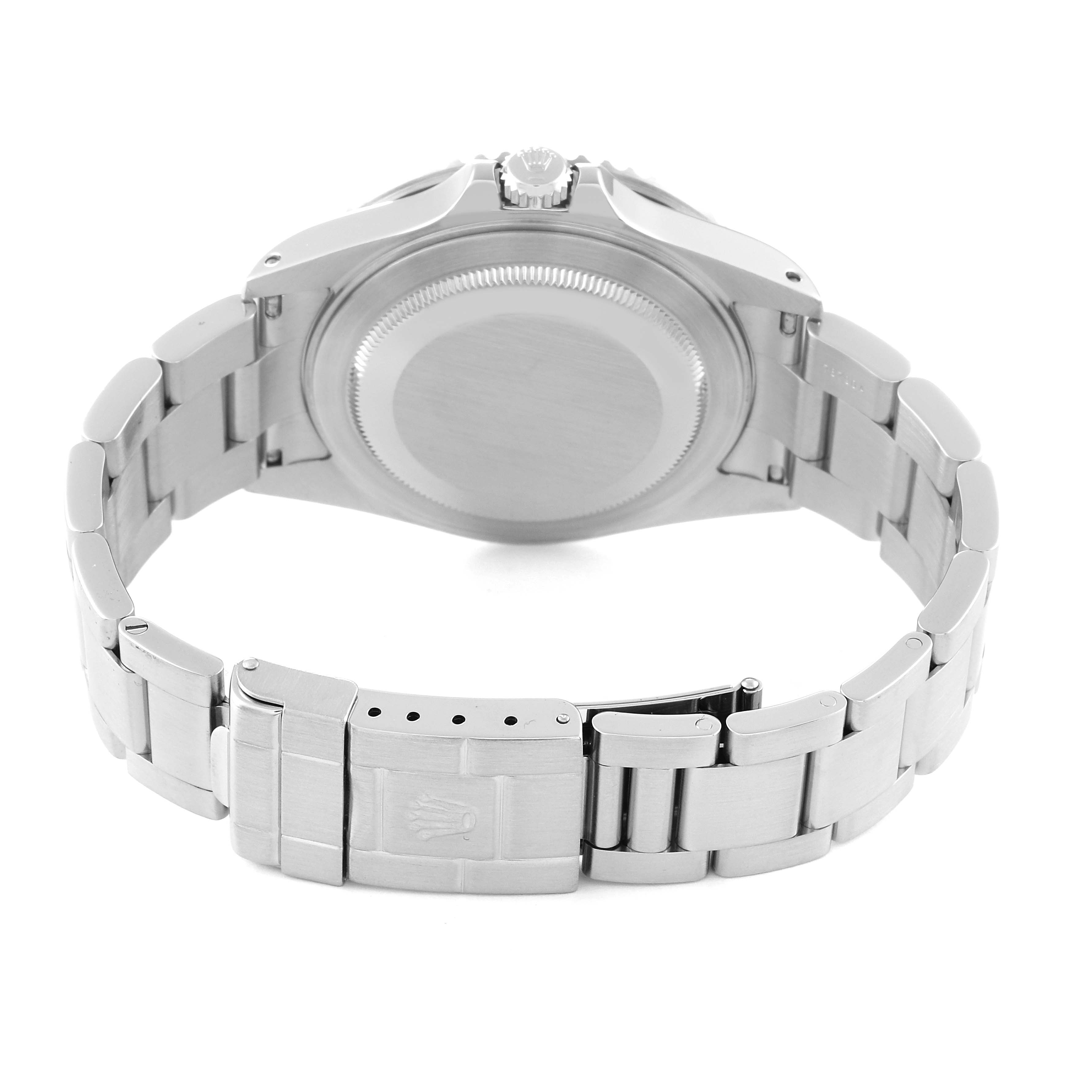 This image shows the back case and bracelet clasp of a Rolex GMT-Master 16710 Men
s Stainless Steel Black Dial 16710 Men
s Stainless Steel Black Dial watch, viewed from the rear.