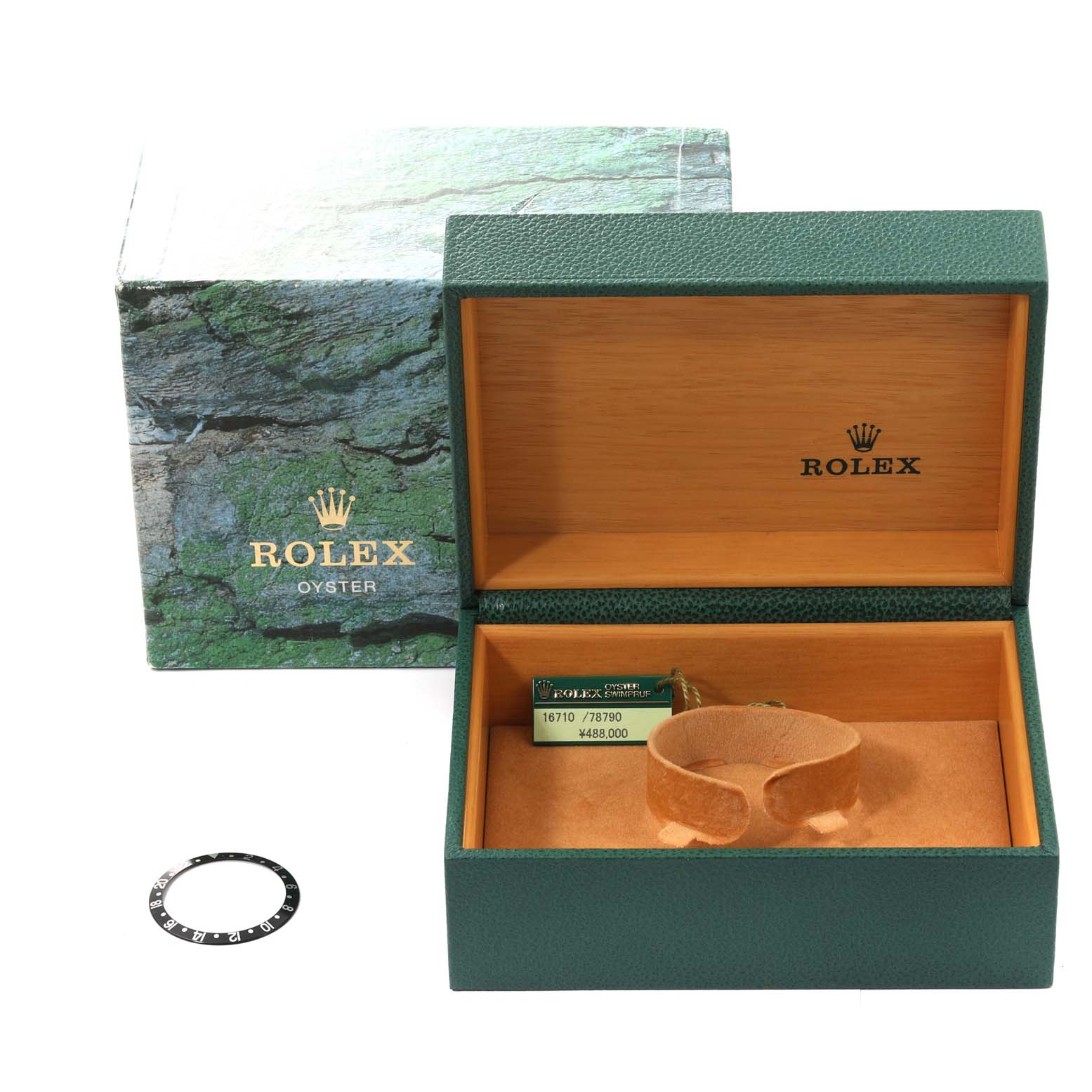 The image shows a green Rolex box, an outer box, a cushion, and a bezel insert for the Rolex GMT-Master 16710 Men
s Stainless Steel Black Dial 16710 Men
s Stainless Steel Black Dial model.