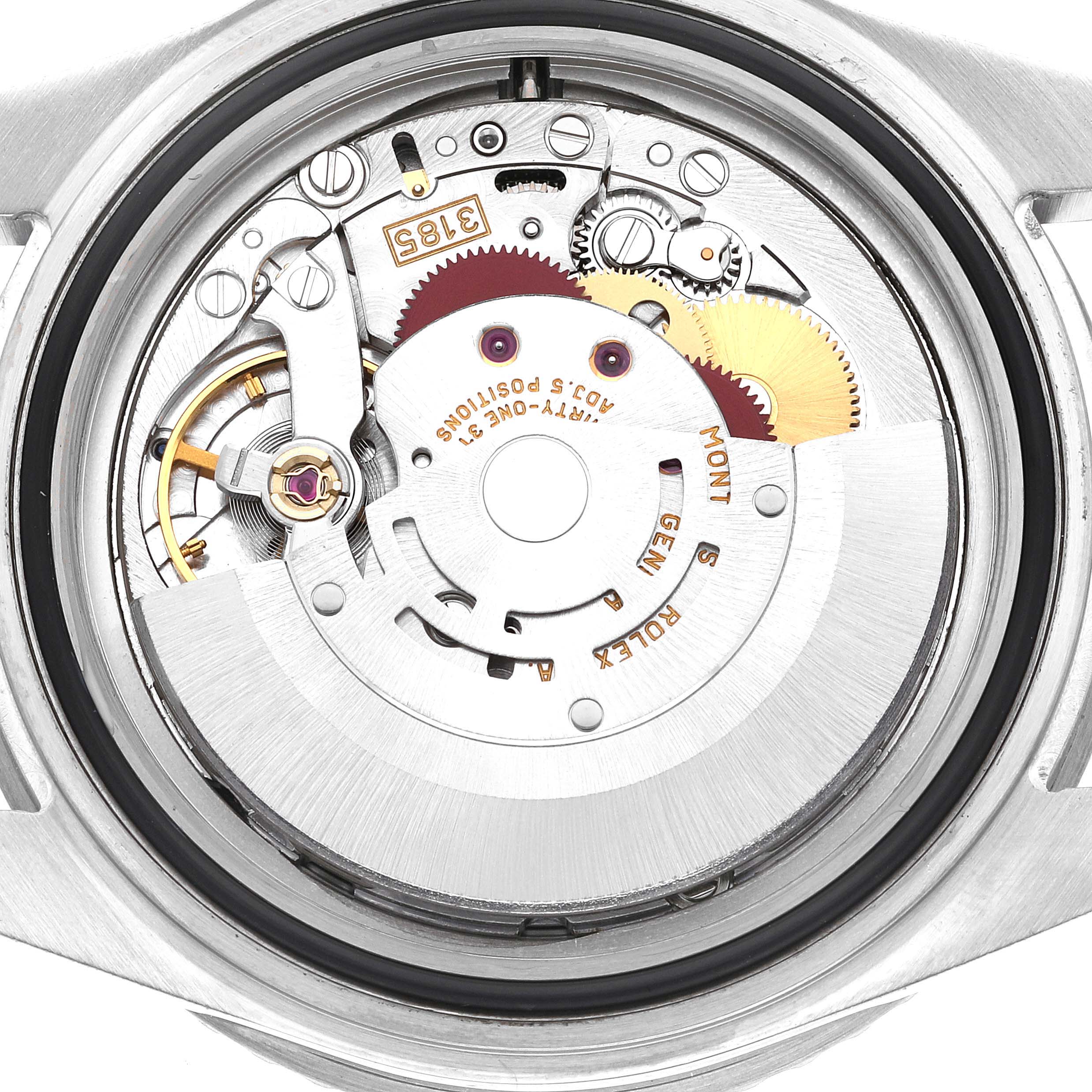 This image shows the internal mechanical movement of a Rolex GMT-Master 16710 Men
s Stainless Steel Black Dial 16710 Men
s Stainless Steel Black Dial watch from a top-down angle.