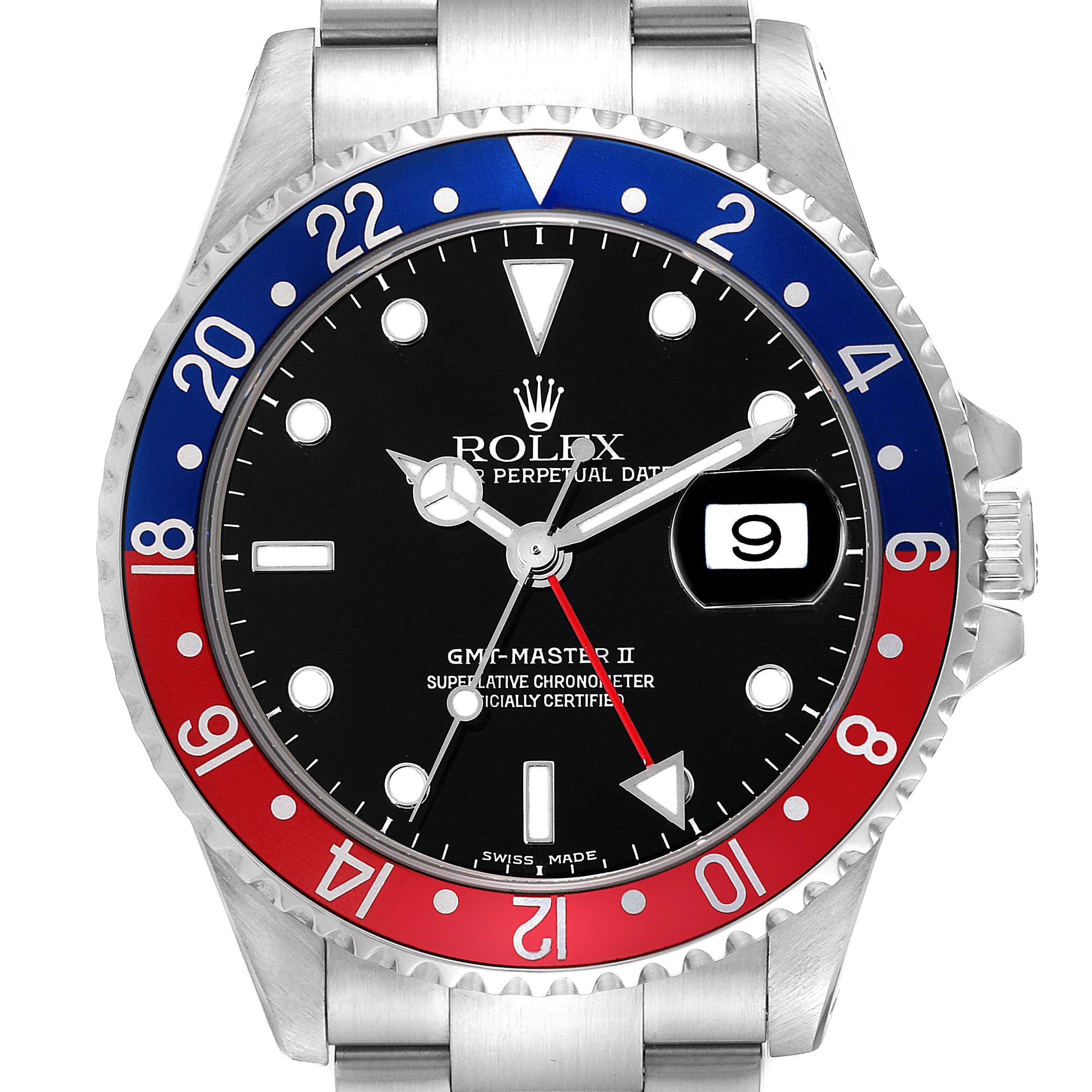 The image shows a front view of the Rolex GMT-Master 16710 Men
s Stainless Steel Black Dial 16710 Men
s Stainless Steel Black Dial II watch, highlighting the bezel, dial, and bracelet.