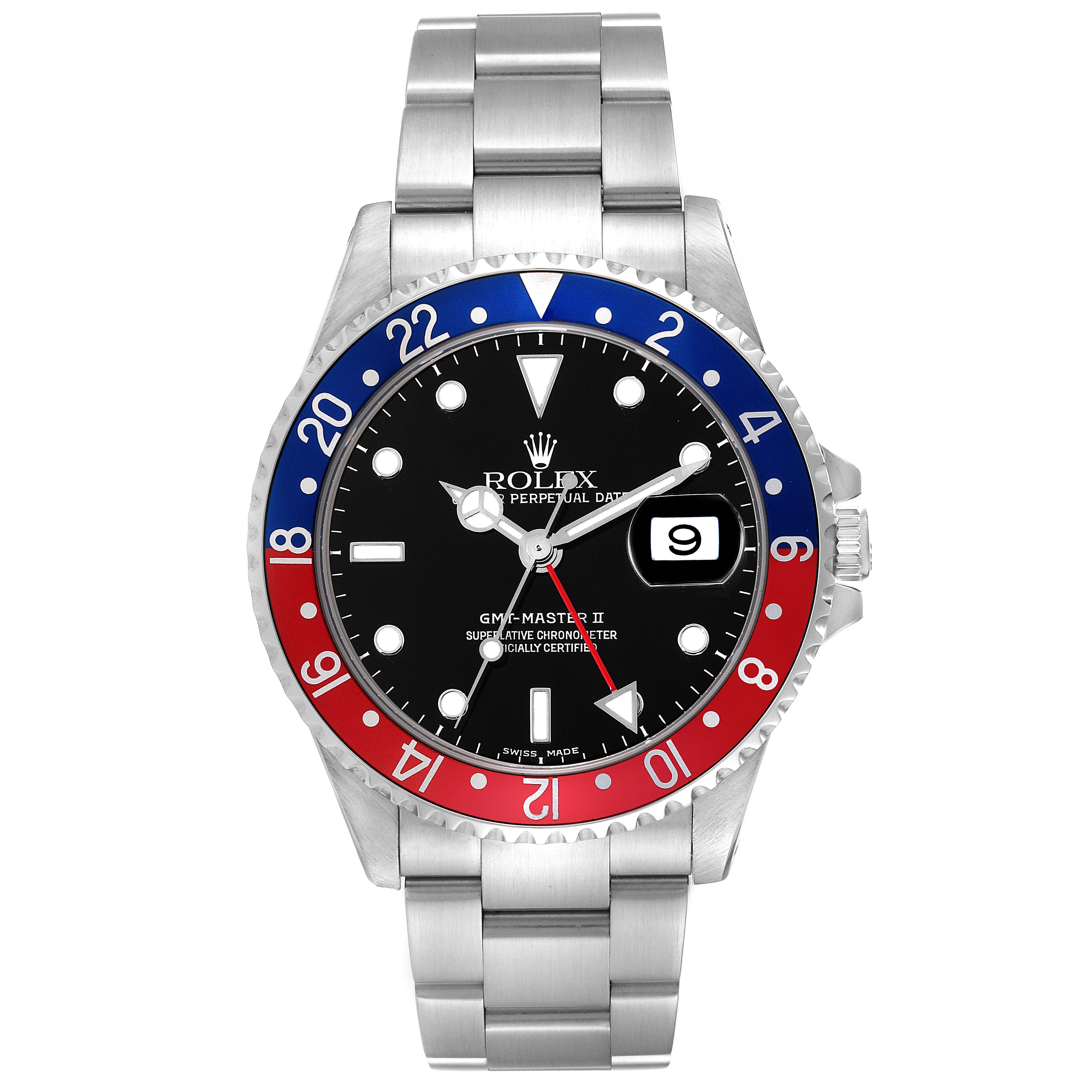 The image shows a frontal view of a Rolex GMT-Master 16710 Men
s Stainless Steel Black Dial 16710 Men
s Stainless Steel Black Dial watch, highlighting the bezel, dial, hands, date window, and bracelet.