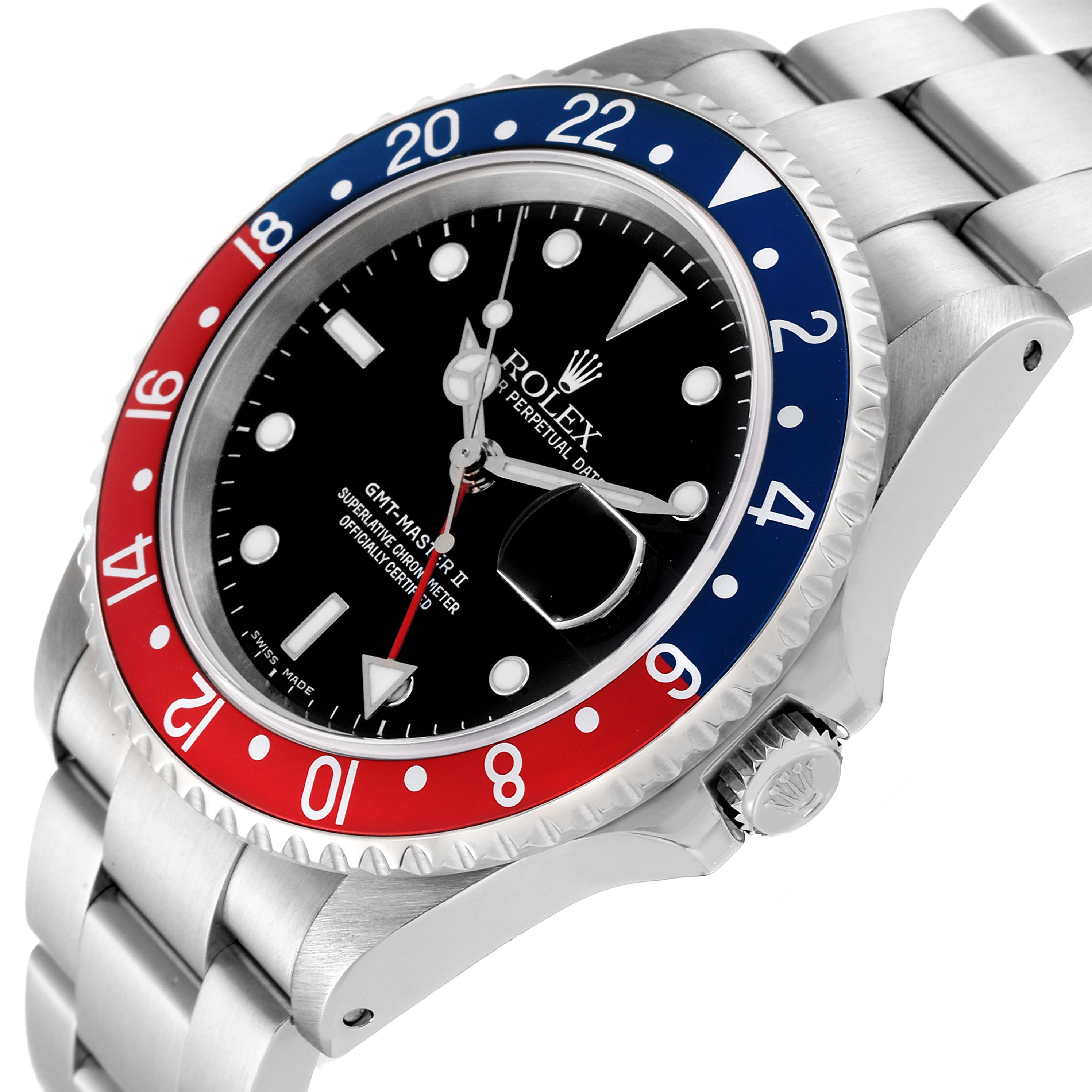 The image shows a close-up angled view of the face, bezel, and bracelet of a Rolex GMT-Master 16710 Men
s Stainless Steel Black Dial 16710 Men
s Stainless Steel Black Dial II watch.