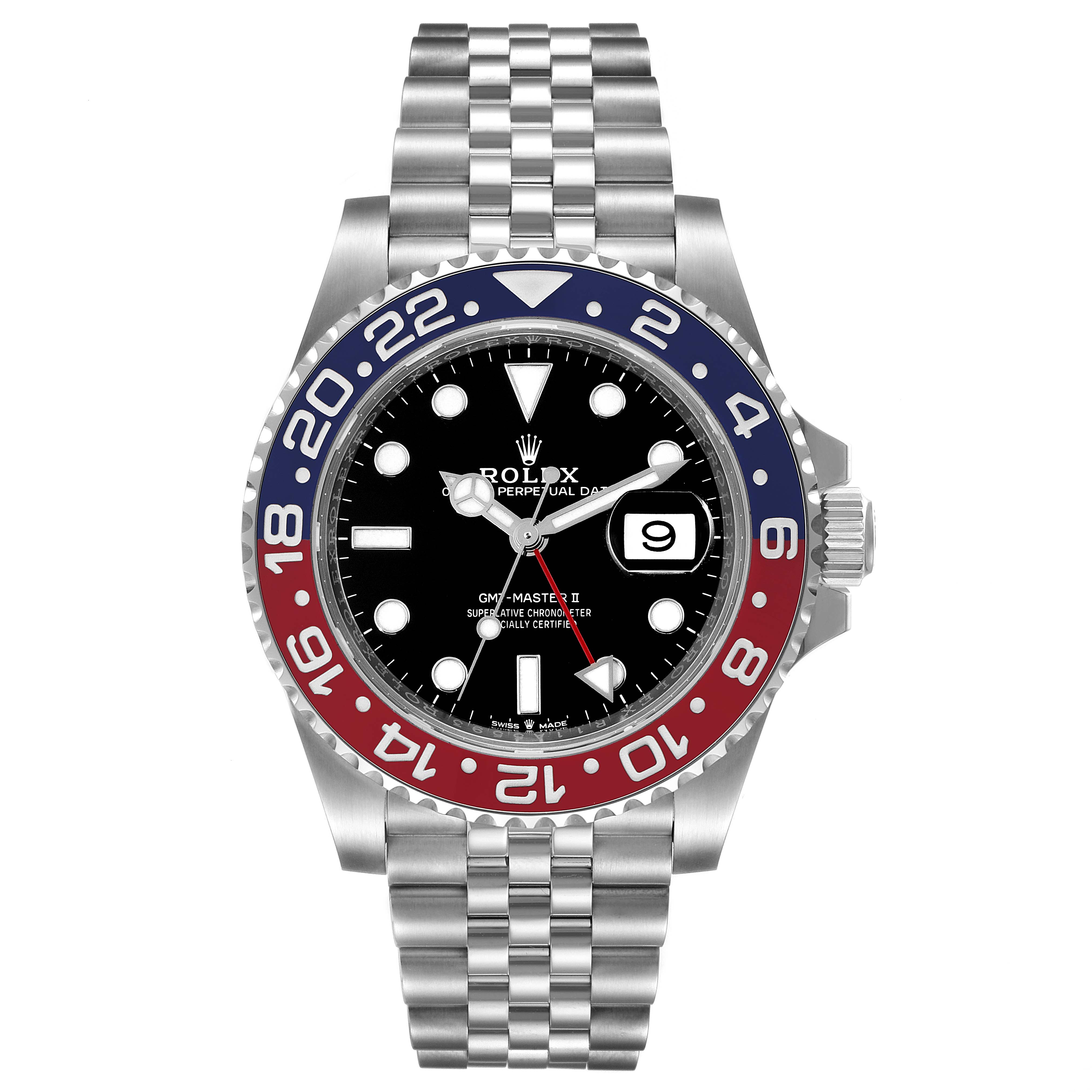This image shows a front view of the Rolex GMT-Master 126710 Men
s Stainless Steel Black Dial 126710 Men
s Stainless Steel Black Dial II watch with a Jubilee bracelet and two-tone bezel.