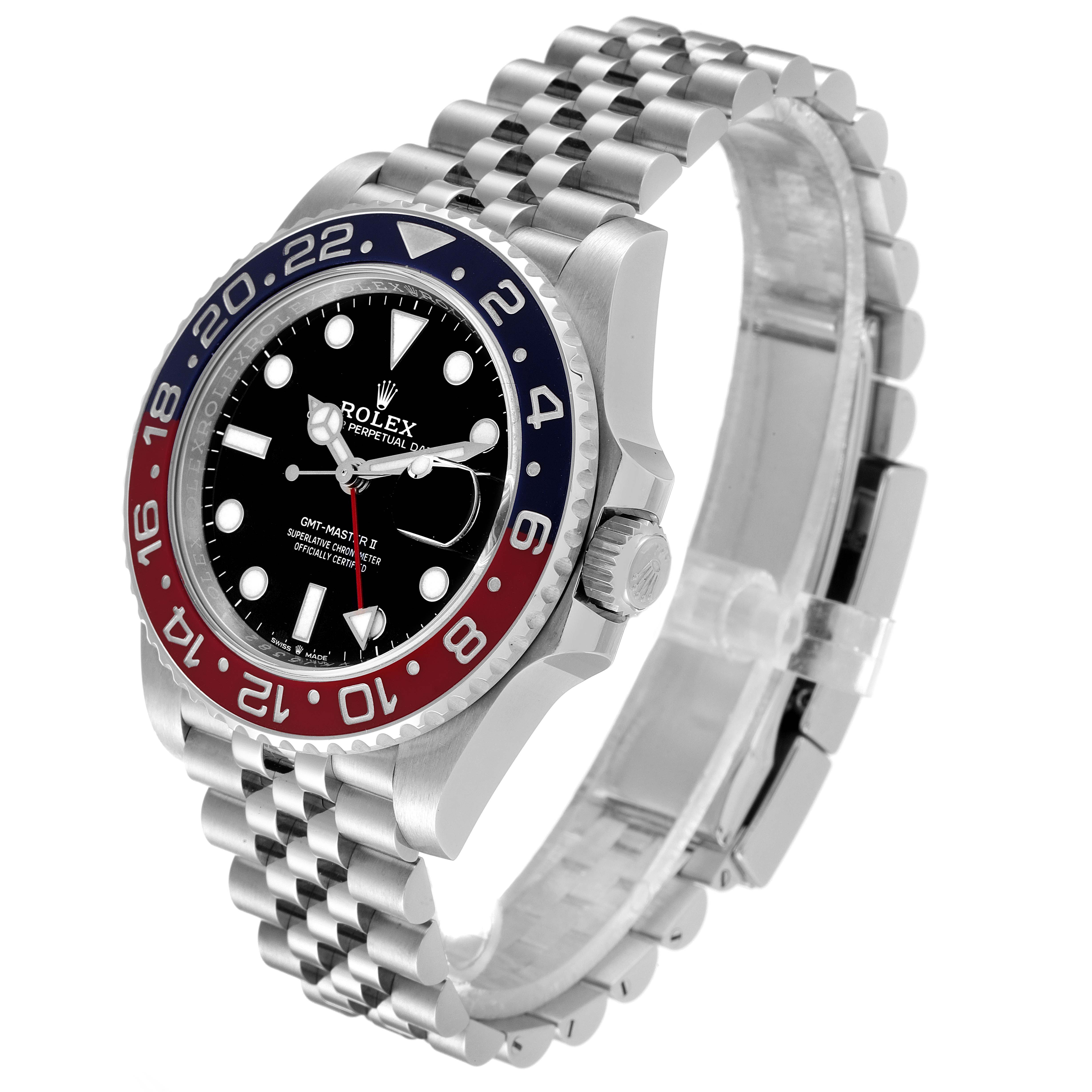 The Rolex GMT-Master 126710 Men
s Stainless Steel Black Dial 126710 Men
s Stainless Steel Black Dial watch is shown at an angled side view, highlighting its bezel, dial, and jubilee bracelet.