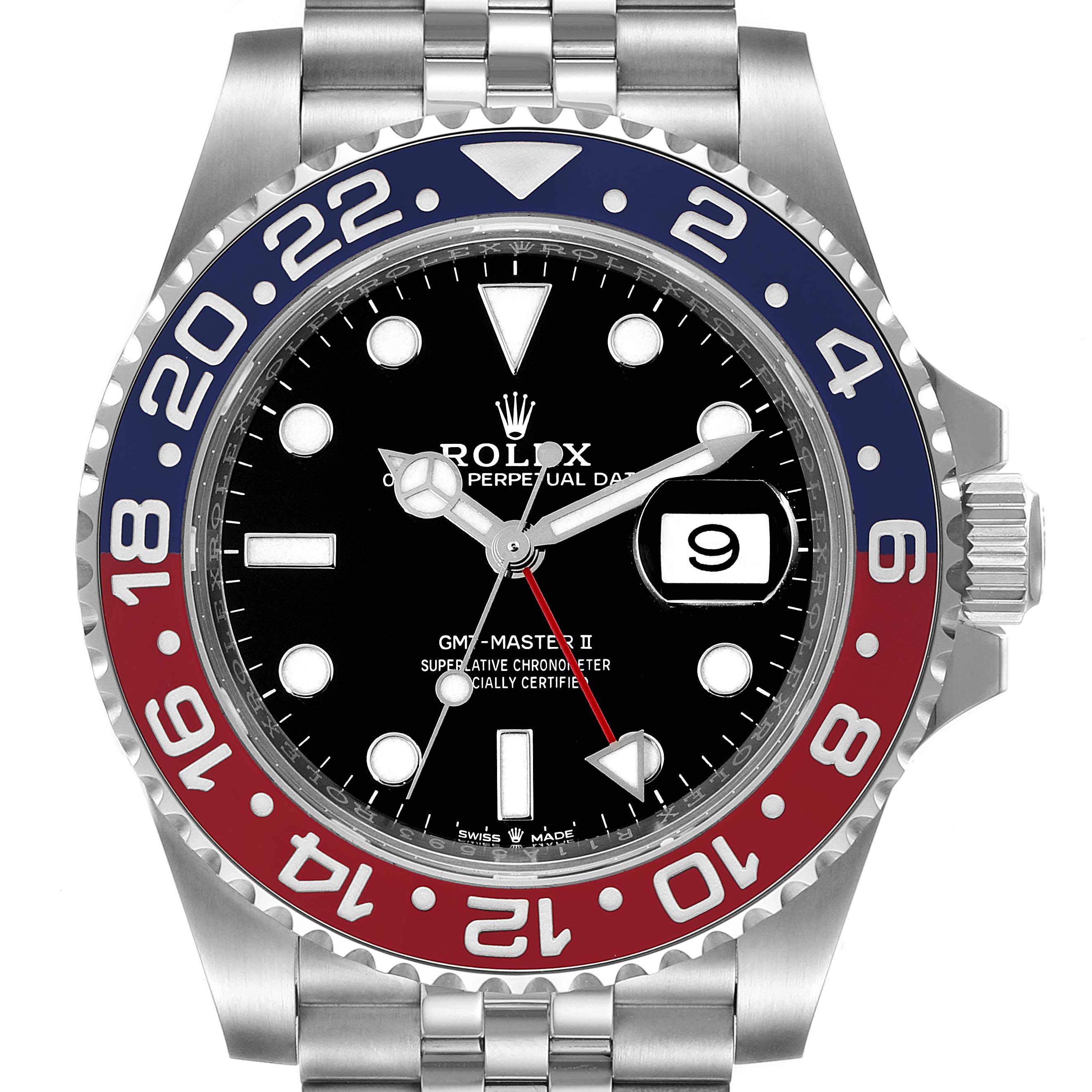 The image shows a front view of the Rolex GMT-Master 126710 Men
s Stainless Steel Black Dial 126710 Men
s Stainless Steel Black Dial II watch, highlighting its bezel, face, and bracelet.