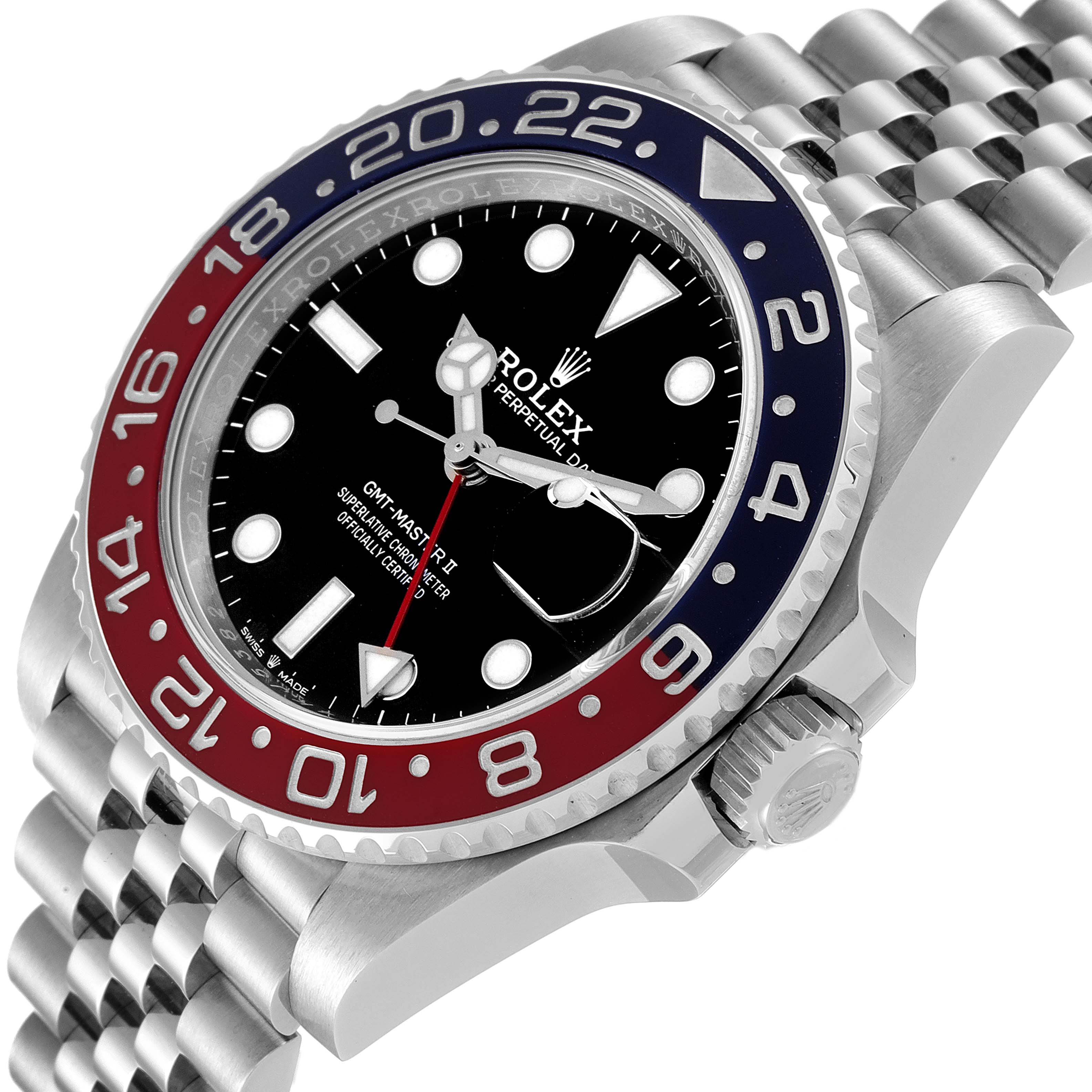 This image shows an angled close-up of the Rolex GMT-Master 126710 Men
s Stainless Steel Black Dial 126710 Men
s Stainless Steel Black Dial II watch, highlighting the bezel, dial, crown, and jubilee bracelet.