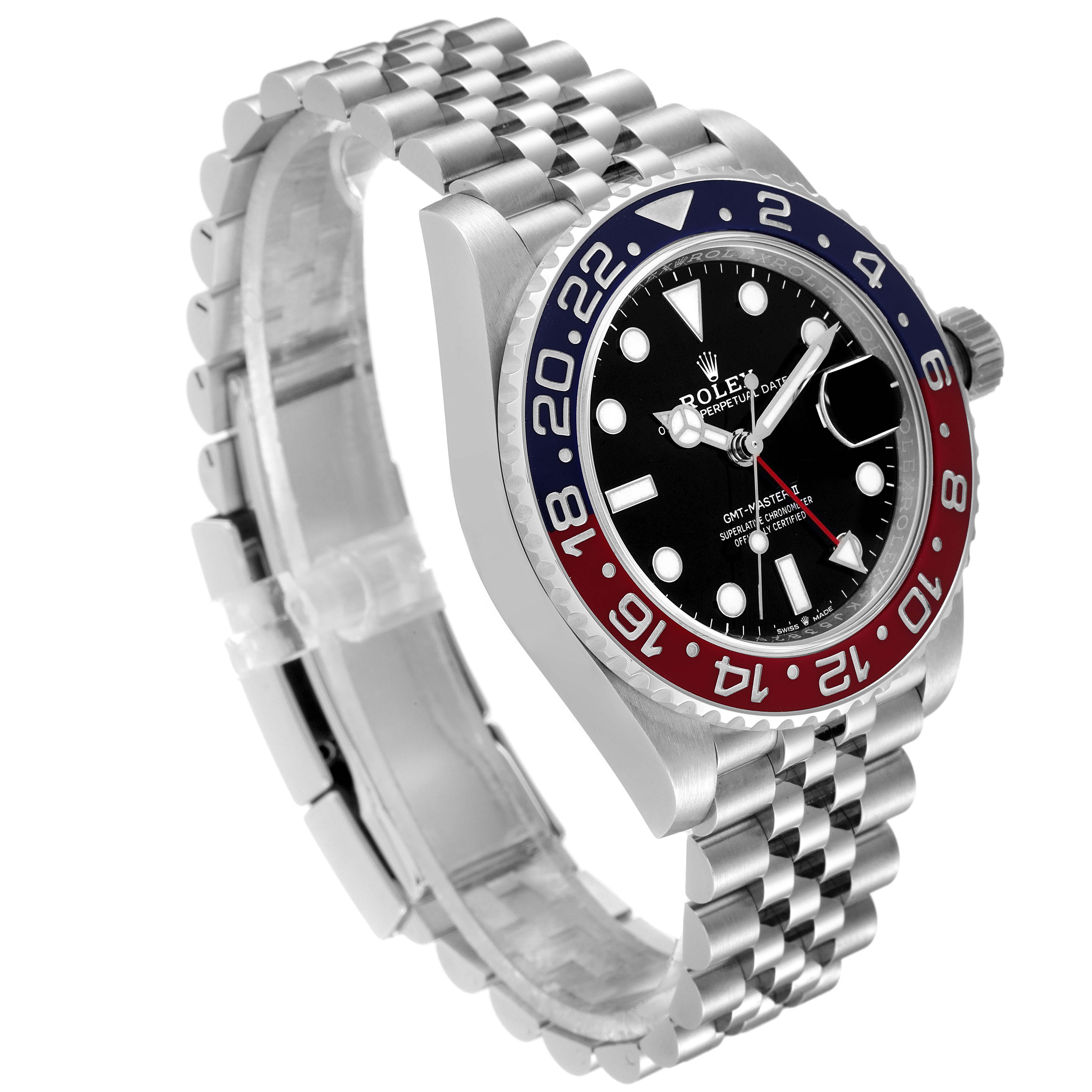 The Rolex GMT-Master 126710 Men
s Stainless Steel Black Dial 126710 Men
s Stainless Steel Black Dial watch is shown at an angle highlighting its face, bezel, crown, and jubilee bracelet.
