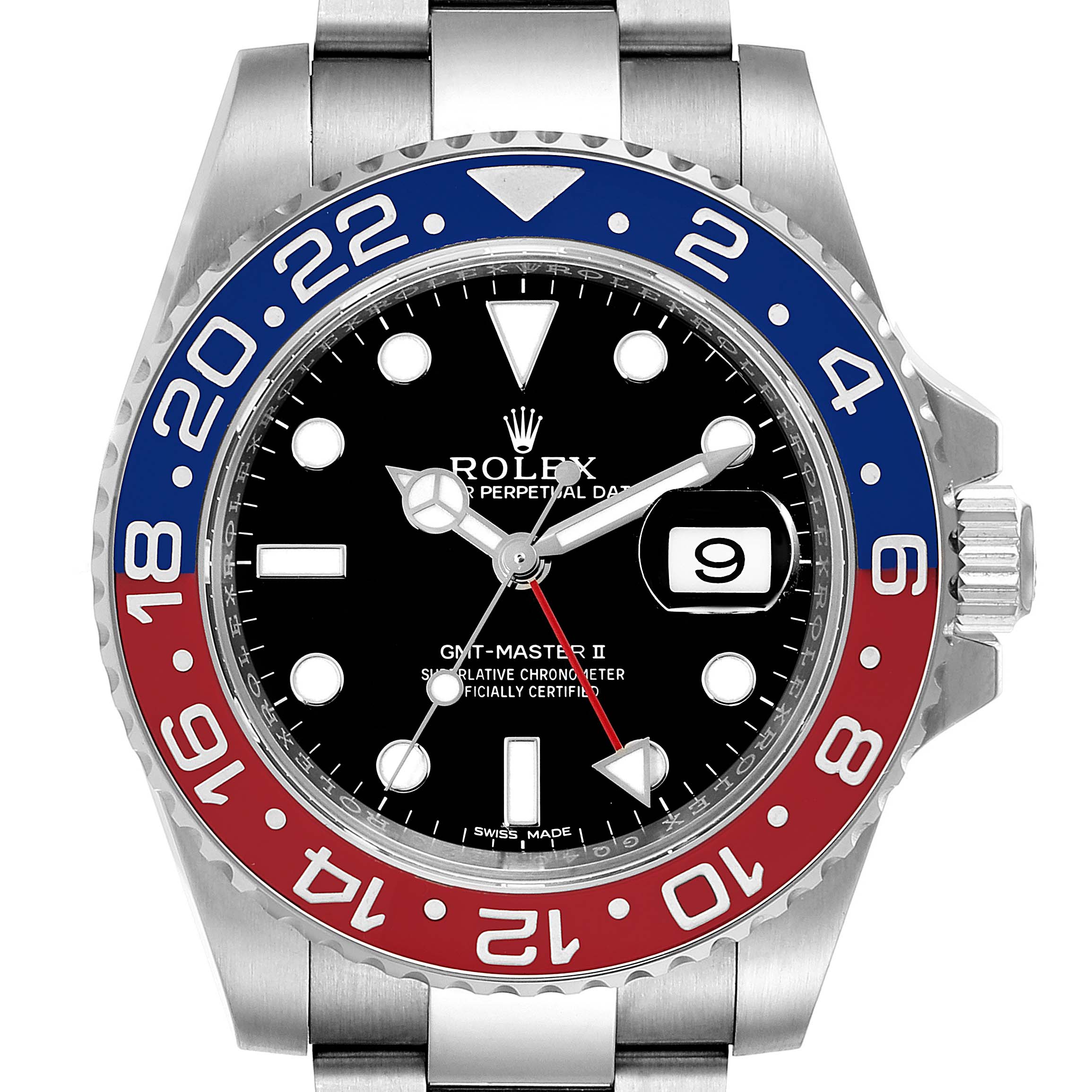 The image shows a frontal view of a Rolex GMT-Master 116719 Men's White Gold Black Dial 116719 Men's White Gold Black Dial II watch with a black dial and blue-red bezel.