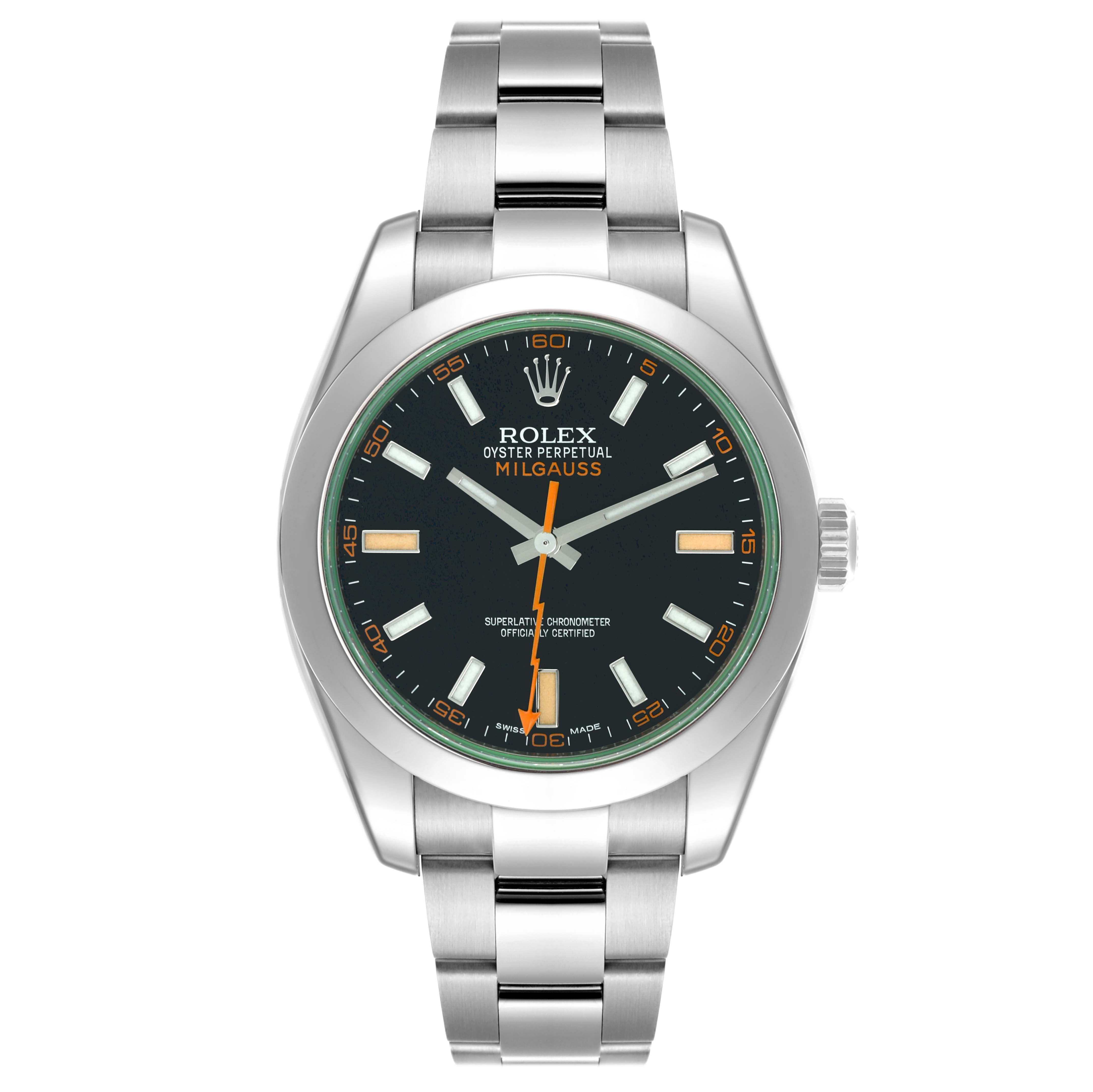 The Rolex Milgauss 116400GV Men's Stainless Steel Black Dial 116400GV Men's Stainless Steel Black Dial watch is shown from a straight-on angle displaying the face, bezel, crown, and bracelet.