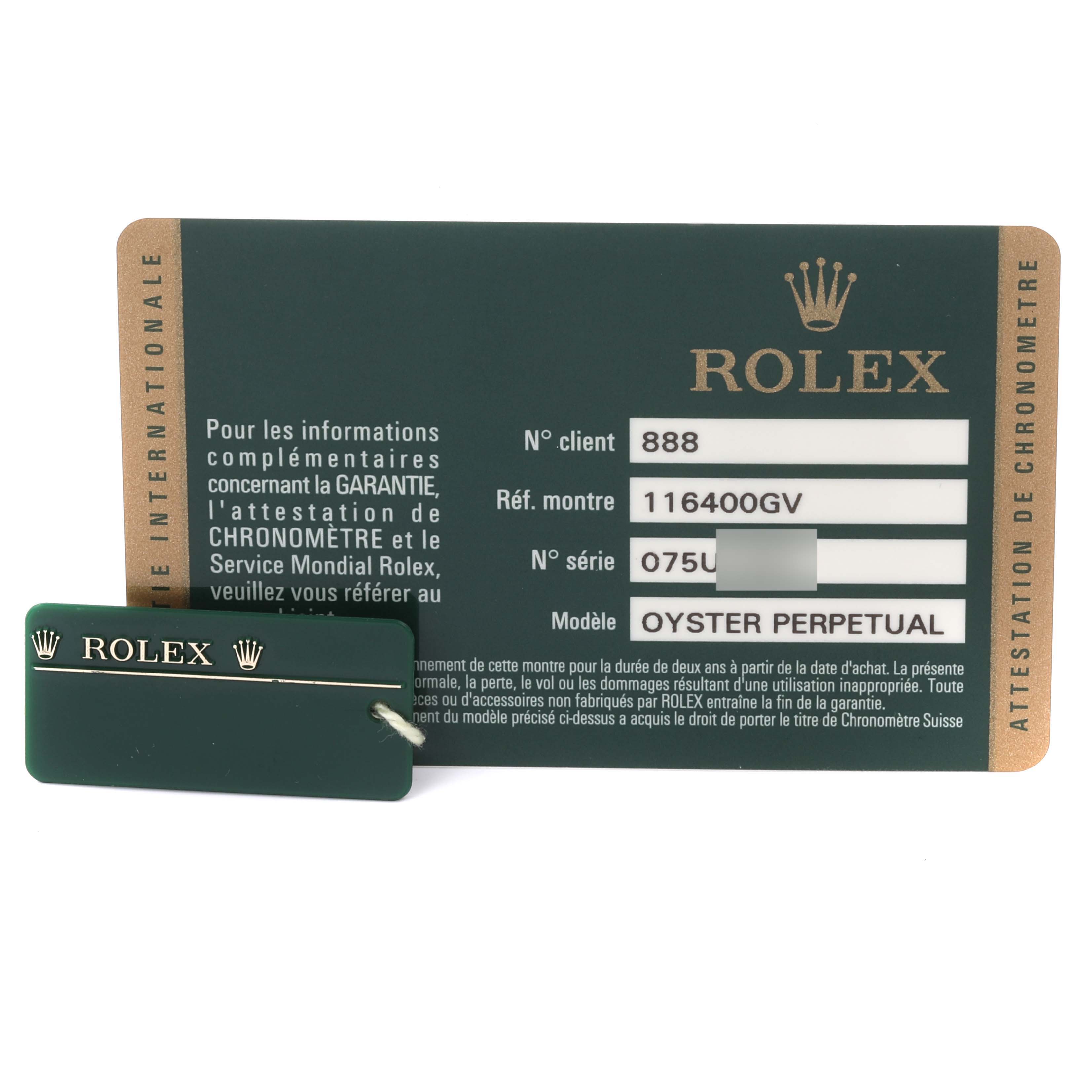 The image shows the warranty card and tag for a Rolex Milgauss 116400GV Men's Stainless Steel Black Dial 116400GV Men's Stainless Steel Black Dial watch, model number 116400GV, without the watch itself.