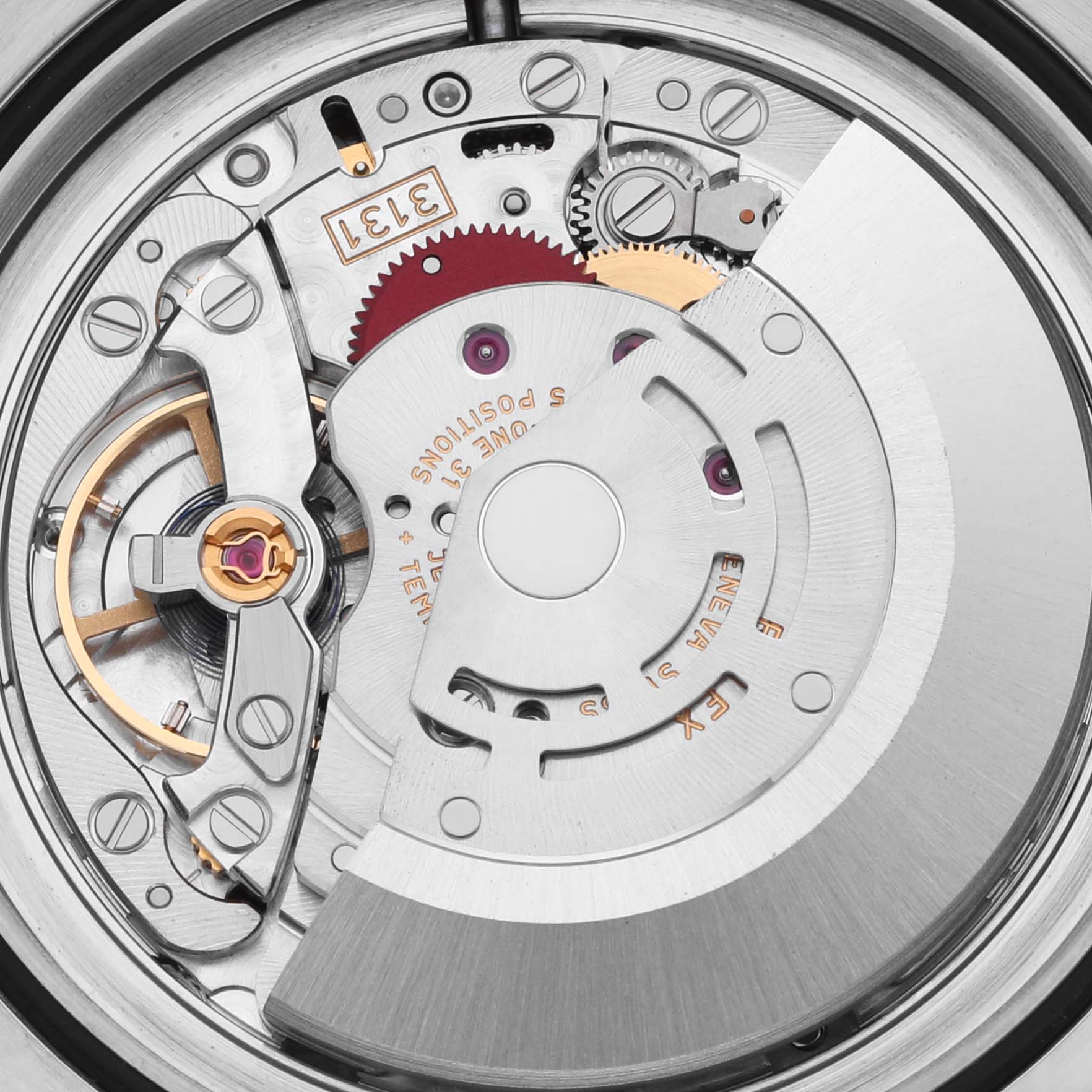 The image shows the movement and intricate inner workings of a Rolex Milgauss 116400GV Men's Stainless Steel Black Dial 116400GV Men's Stainless Steel Black Dial watch from a top-down angle.