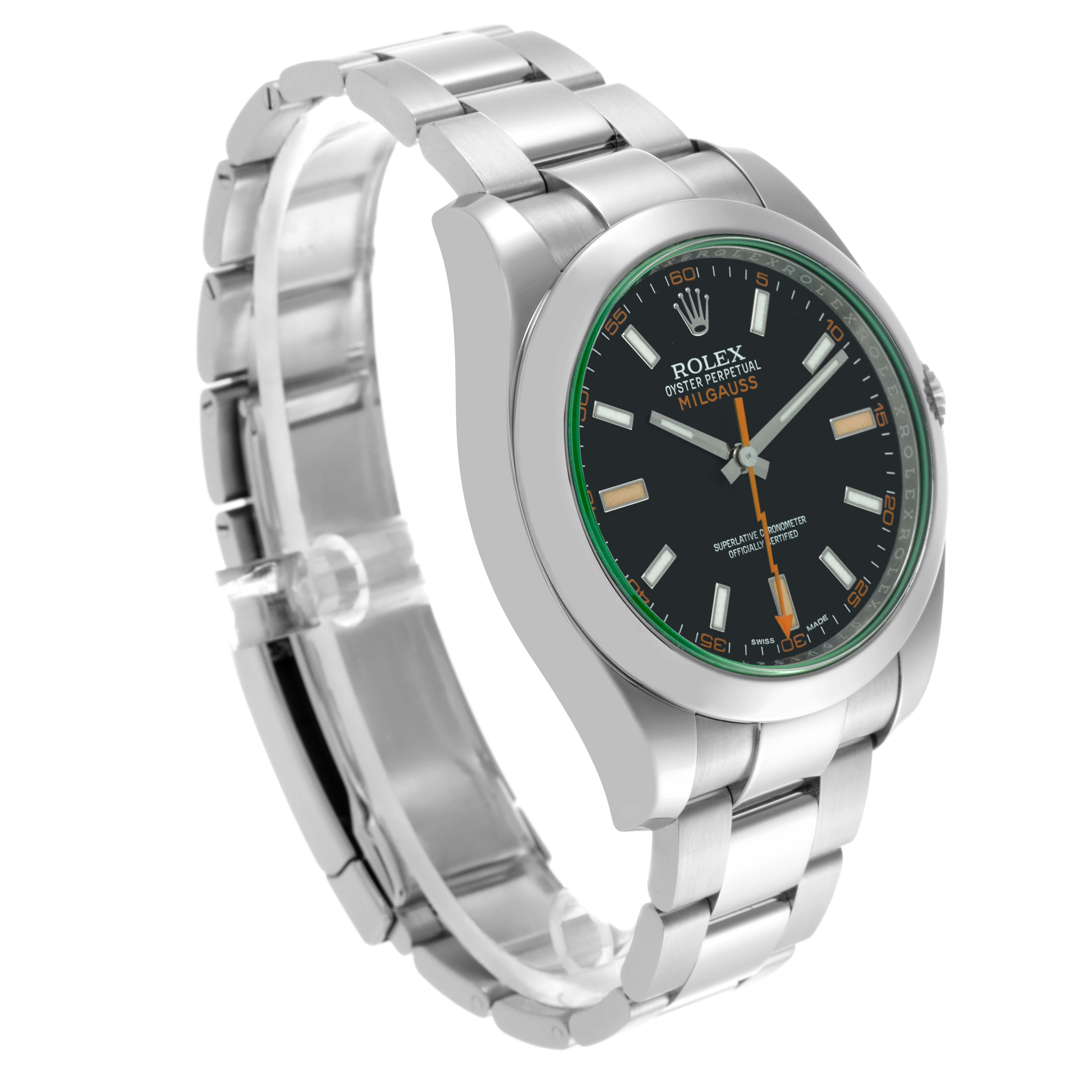 The image shows a Rolex Milgauss 116400GV Men's Stainless Steel Black Dial 116400GV Men's Stainless Steel Black Dial watch at a three-quarter angle, displaying the face, bezel, and part of the bracelet.