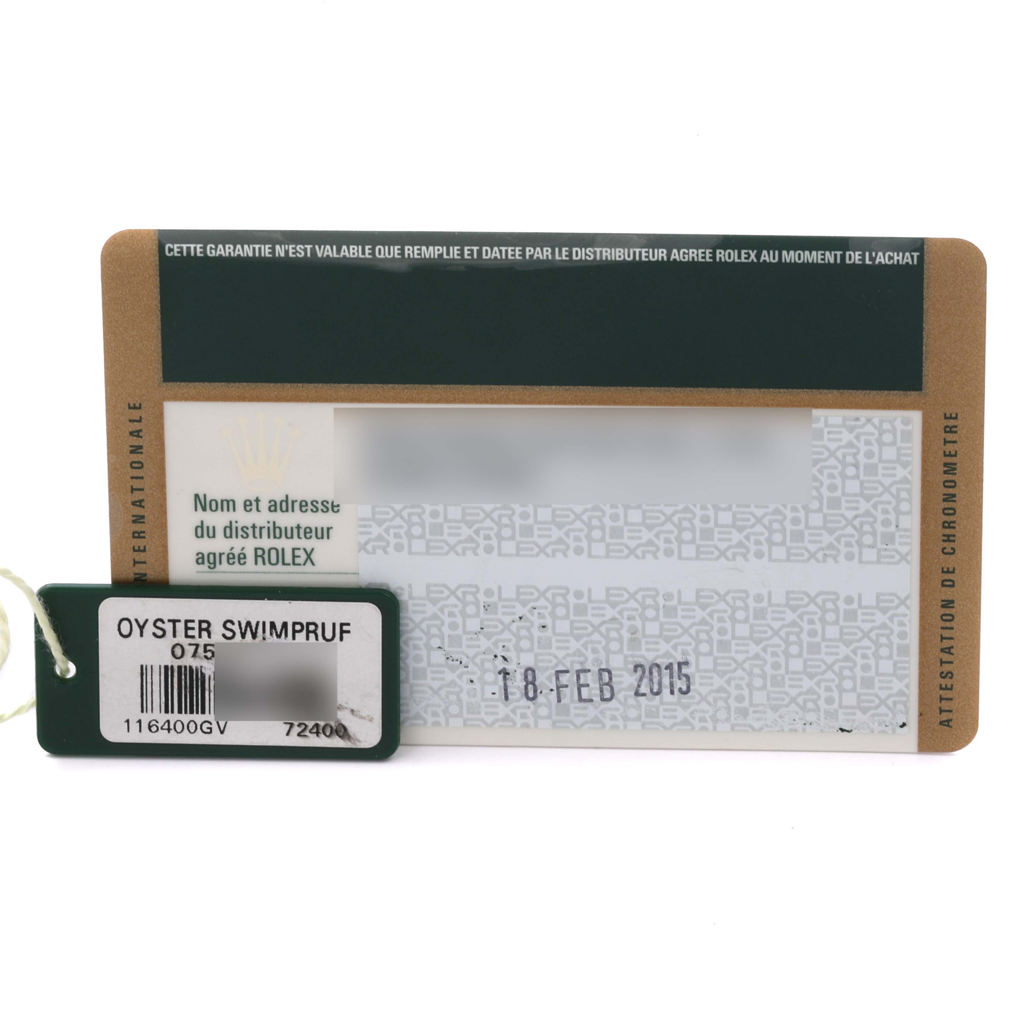 The image shows a Rolex Milgauss 116400GV Men's Stainless Steel Black Dial 116400GV Men's Stainless Steel Black Dial warranty card and an Oyster Swimpruf hangtag, viewed from the front.