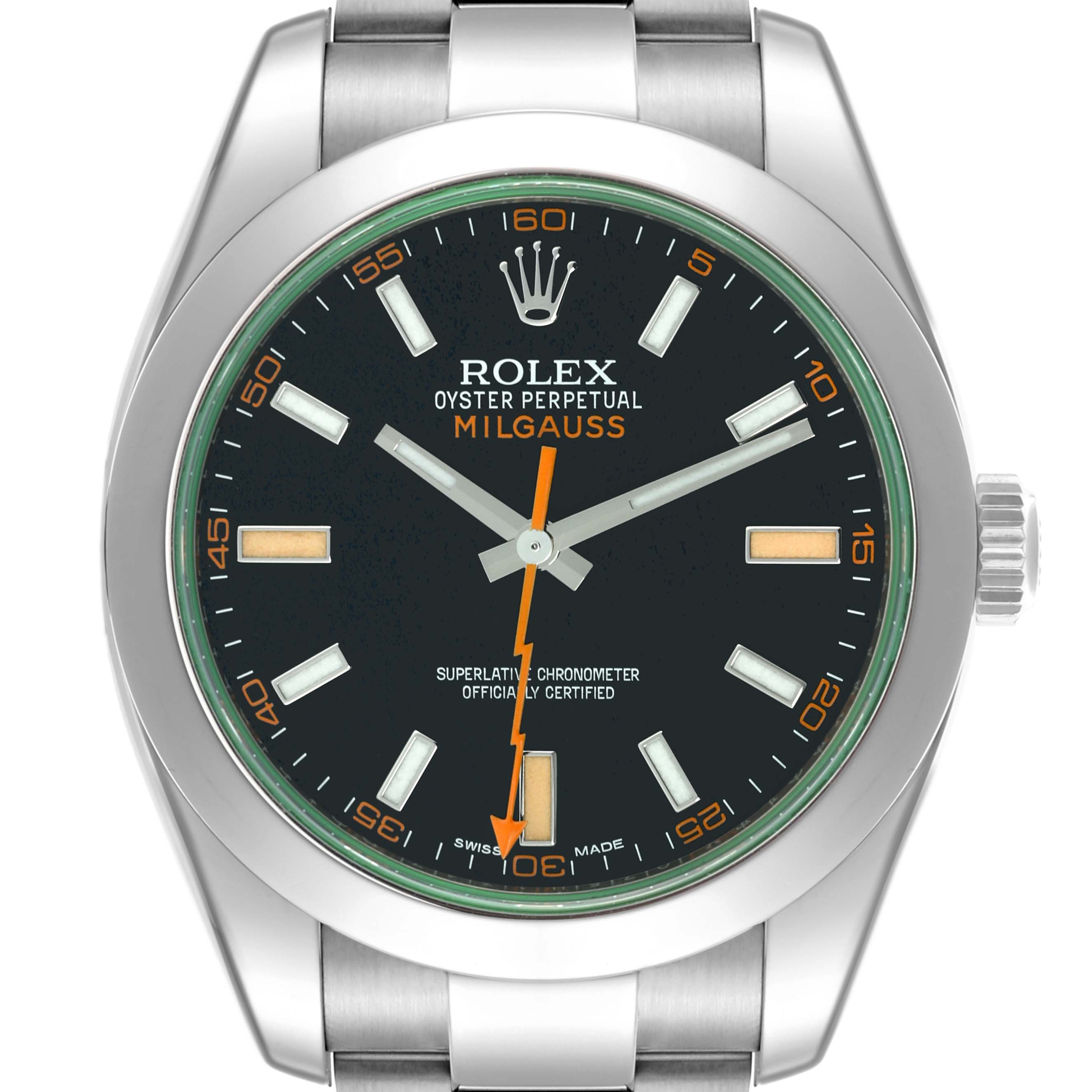 The image shows a front view of a Rolex Milgauss 116400GV Men's Stainless Steel Black Dial 116400GV Men's Stainless Steel Black Dial watch, displaying its dial, hands, case, and part of the bracelet.