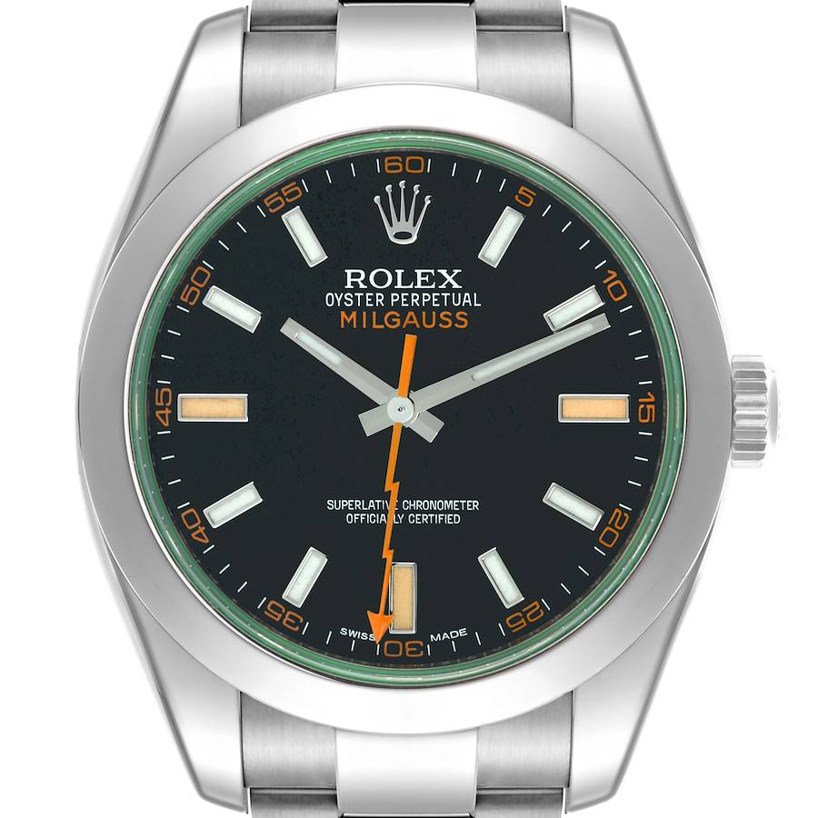 The image shows a front view of a Rolex Milgauss watch, displaying its dial, hands, case, and part of the bracelet.