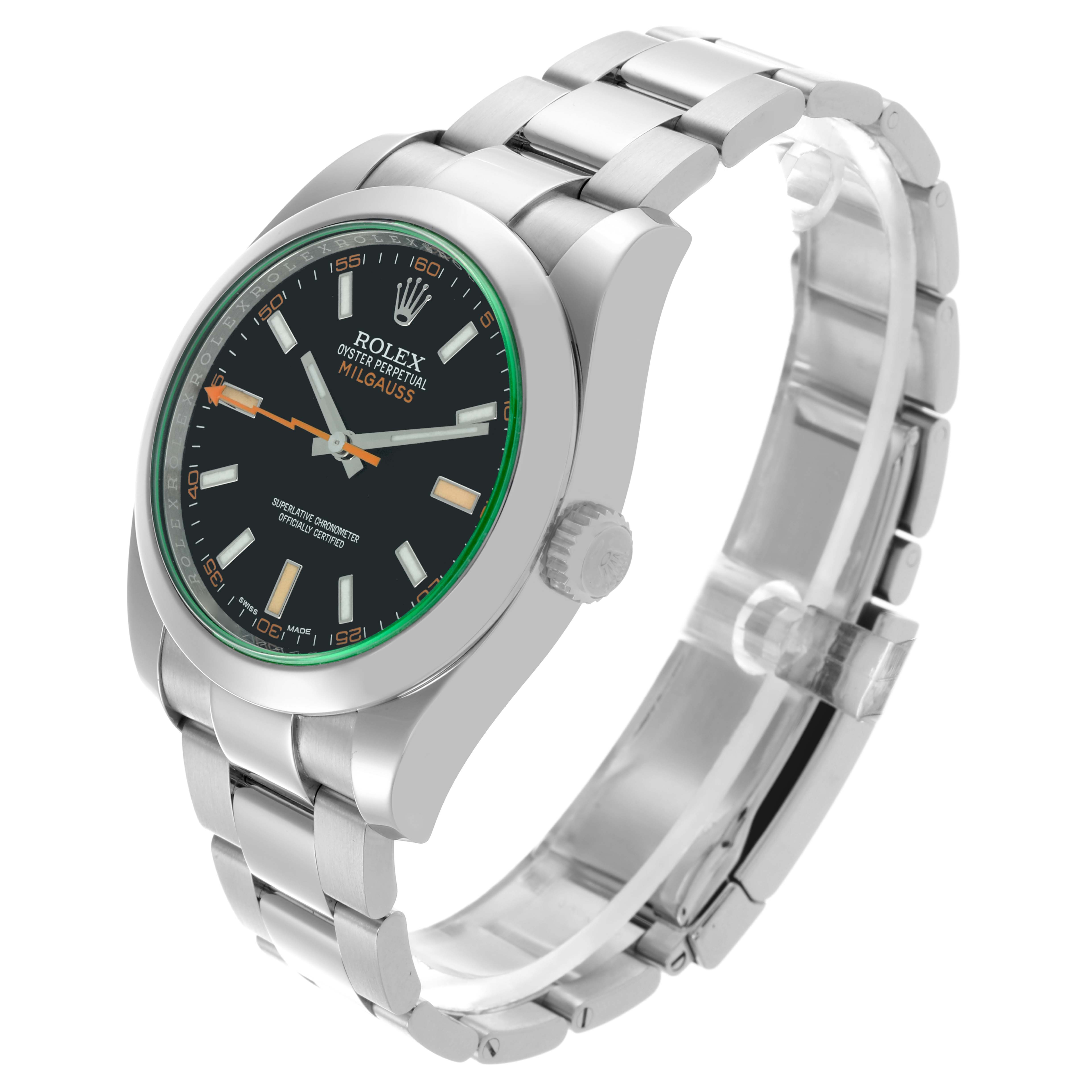 The Rolex Milgauss 116400GV Men's Stainless Steel Black Dial 116400GV Men's Stainless Steel Black Dial watch is shown from a three-quarter angle, highlighting the face, bezel, and bracelet.