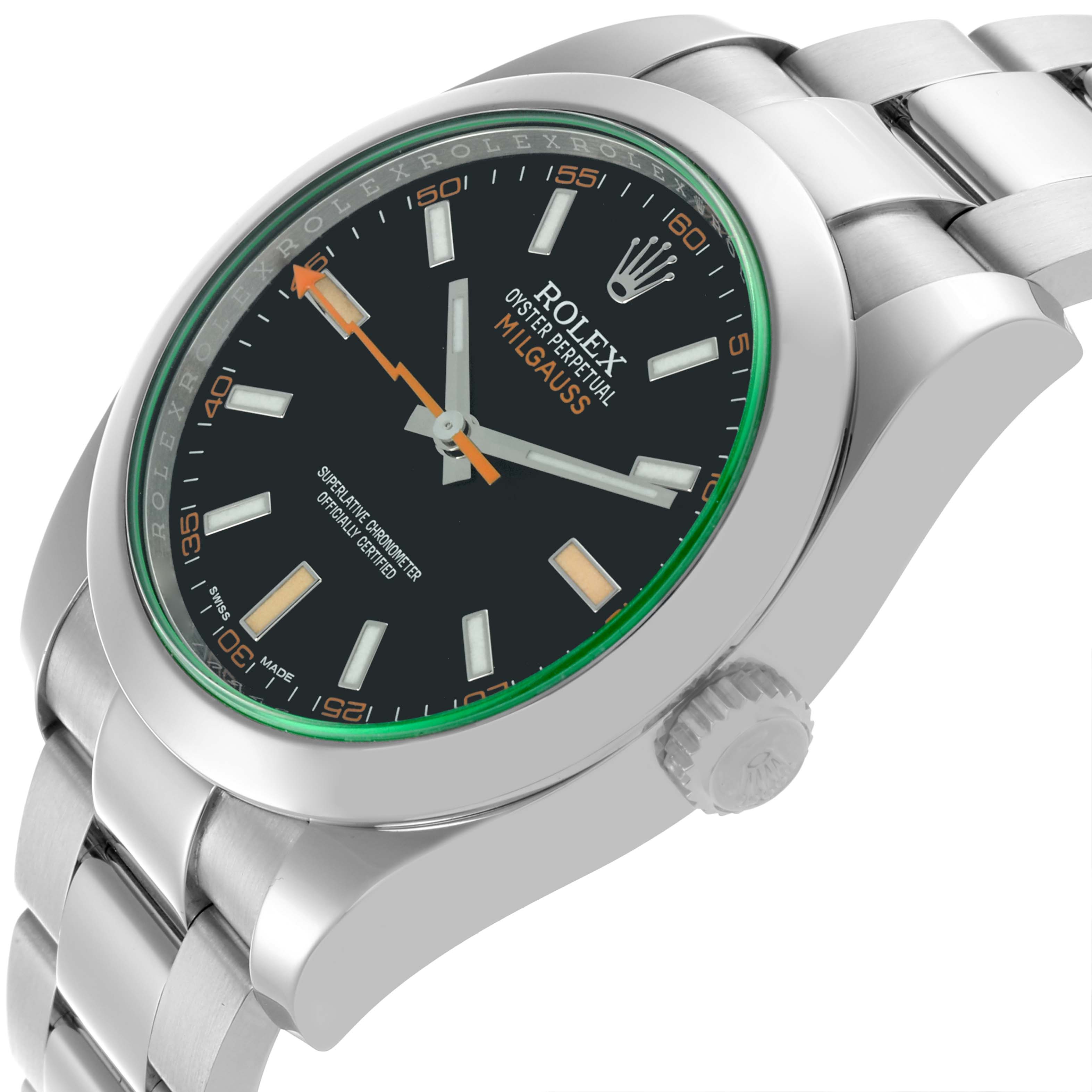 The Rolex Milgauss 116400GV Men's Stainless Steel Black Dial 116400GV Men's Stainless Steel Black Dial watch is shown at an angle highlighting the dial, bezel, crown, and part of the bracelet.