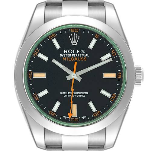 The Rolex Milgauss watch is shown from a top-down angle, highlighting the dial, hands, markers, and part of the bracelet.