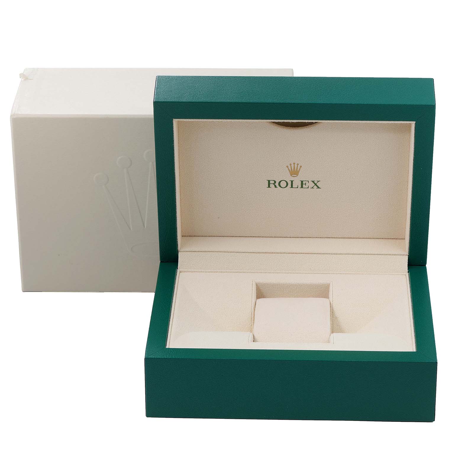 The image shows an open Rolex watch box for the Milgauss model, highlighting the interior cushion and exterior packaging.