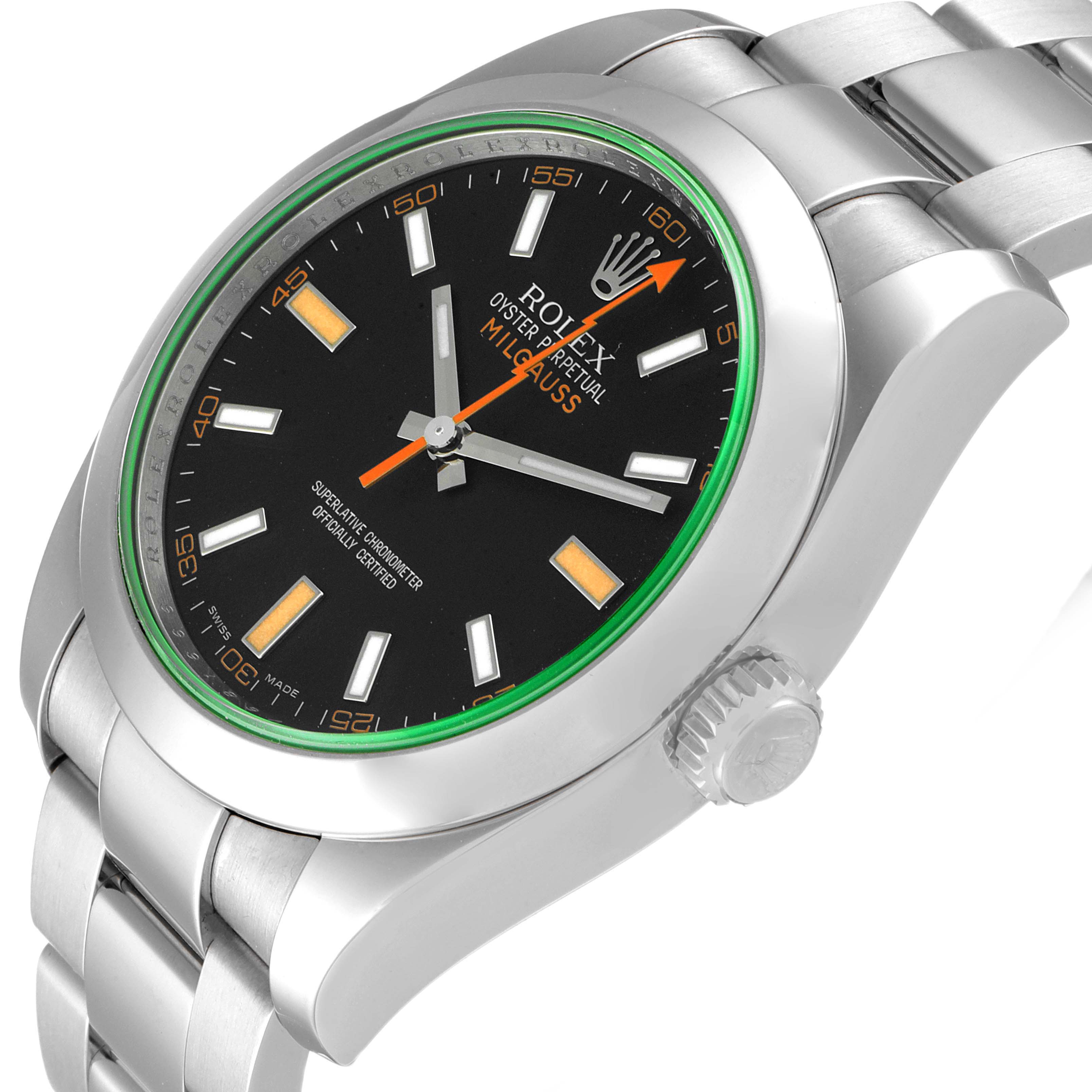 The image shows a side and partial front view of a Rolex Milgauss 116400V Men's Stainless Steel Black Dial 116400V Men's Stainless Steel Black Dial watch, highlighting the face, bezel, and part of the bracelet.