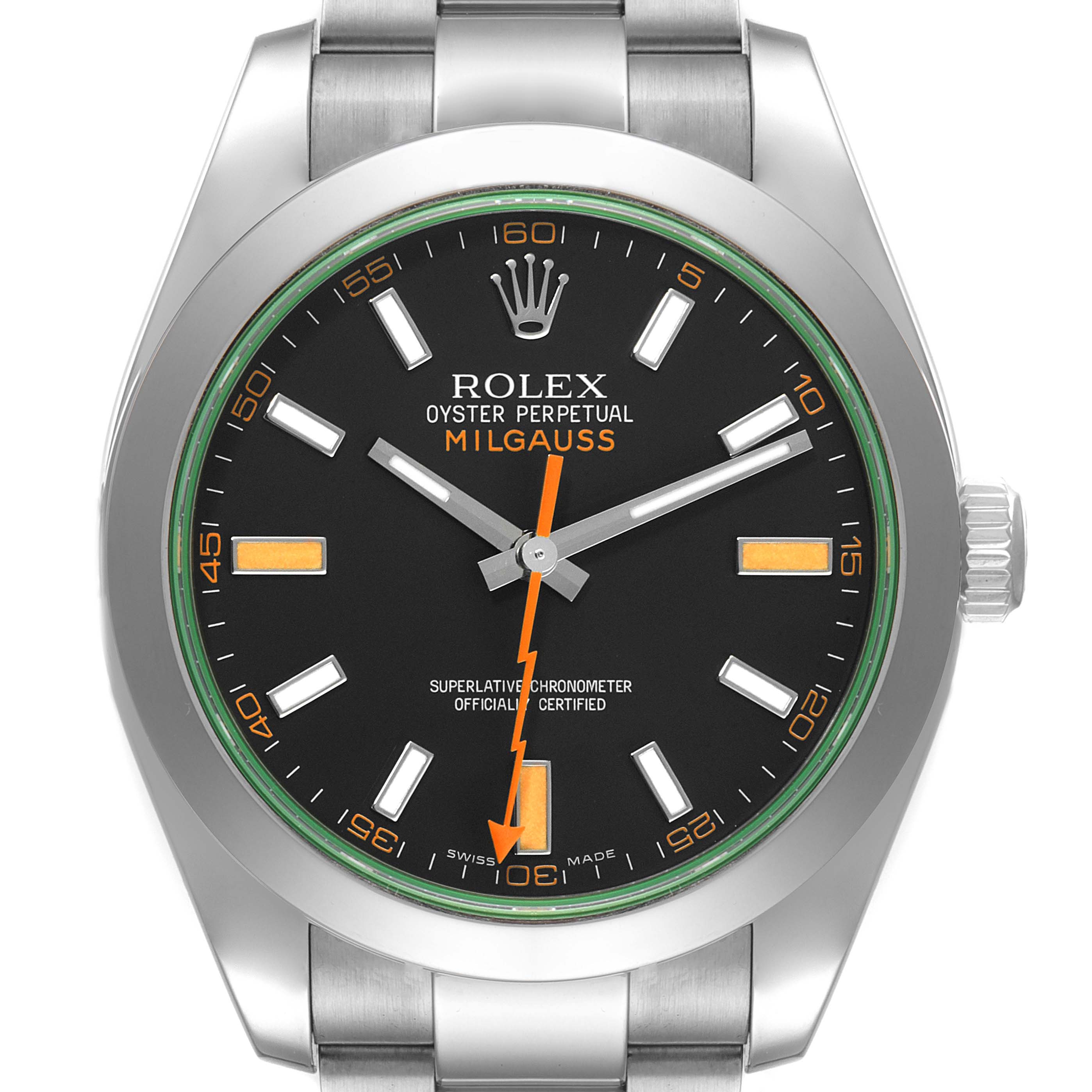 The image shows a front view of a Rolex Milgauss 116400V Men's Stainless Steel Black Dial 116400V Men's Stainless Steel Black Dial watch displaying its dial, hands, markers, and part of the bracelet.