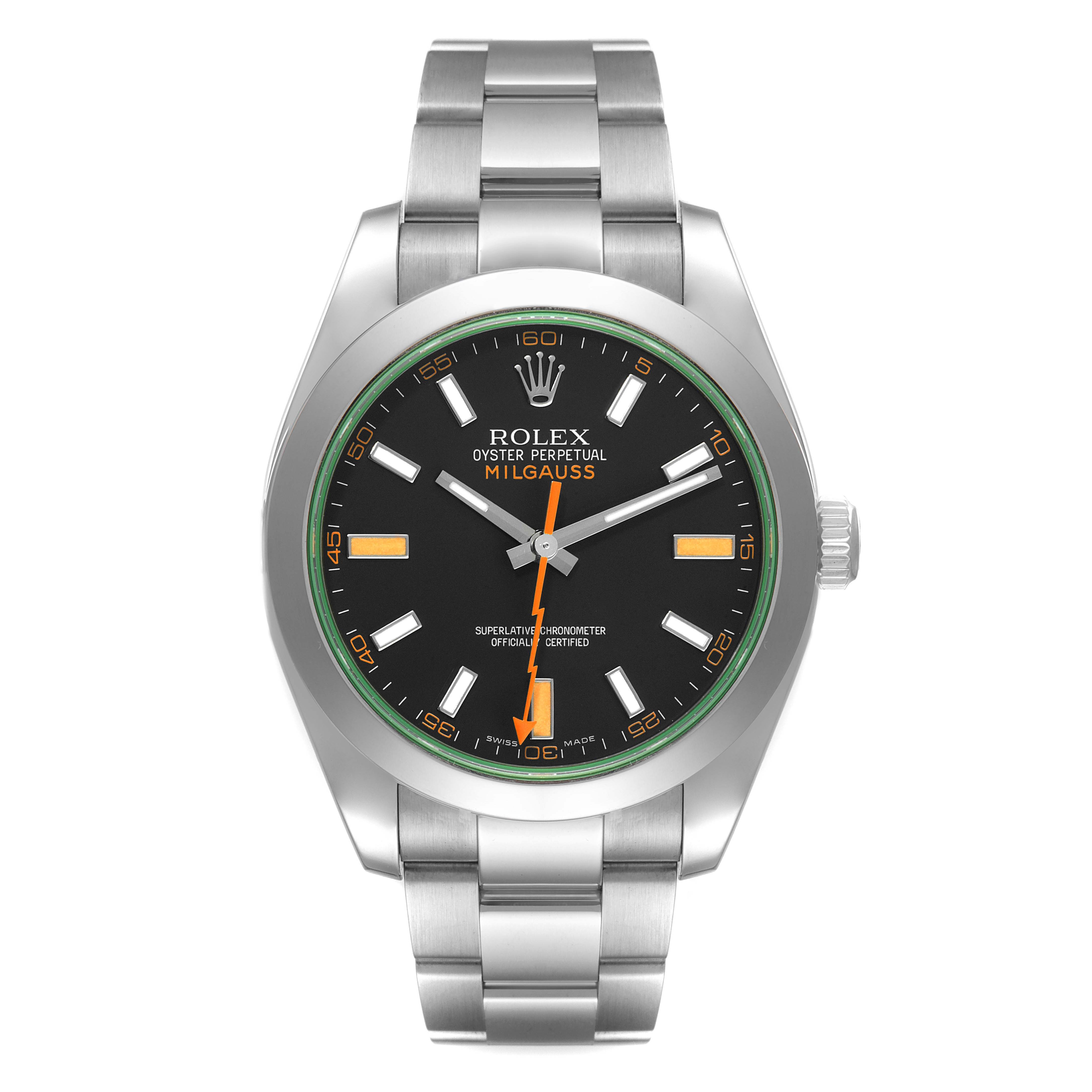 This image shows a front view of the Rolex Milgauss 116400V Men's Stainless Steel Black Dial 116400V Men's Stainless Steel Black Dial watch, highlighting the face, bezel, and part of the stainless steel bracelet.