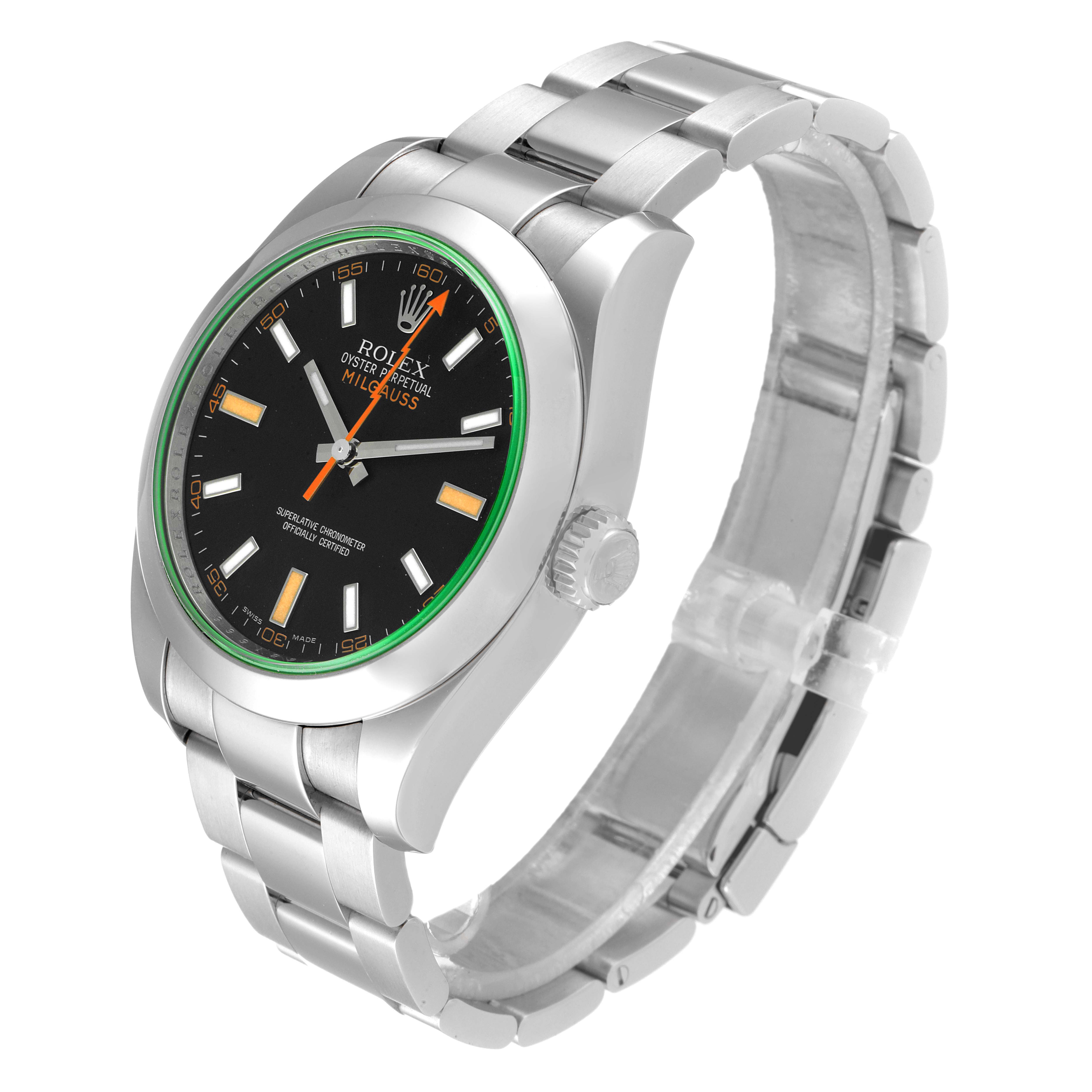 The image shows a side view of the Rolex Milgauss 116400V Men's Stainless Steel Black Dial 116400V Men's Stainless Steel Black Dial watch, highlighting its case, bracelet, and dial.