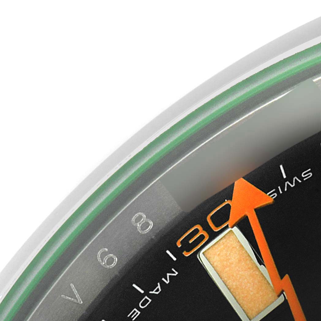 This is a close-up of the Rolex Milgauss 116400V Men's Stainless Steel Black Dial 116400V Men's Stainless Steel Black Dial watch showing part of the dial, including the seconds hand and hour markers.