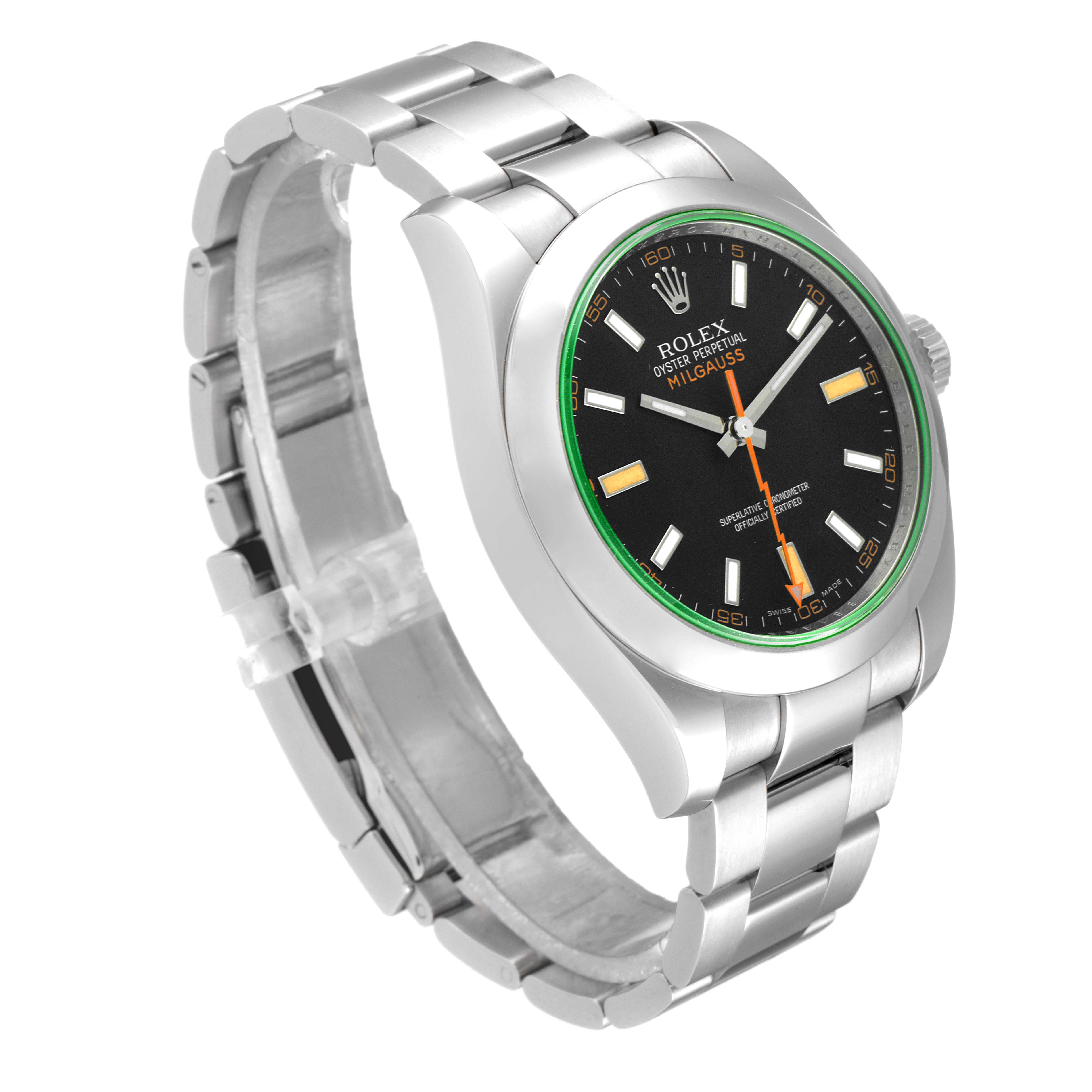 The image shows a side-angle view of the Rolex Milgauss 116400V Men's Stainless Steel Black Dial 116400V Men's Stainless Steel Black Dial watch, highlighting its black dial, green bezel, and silver bracelet.