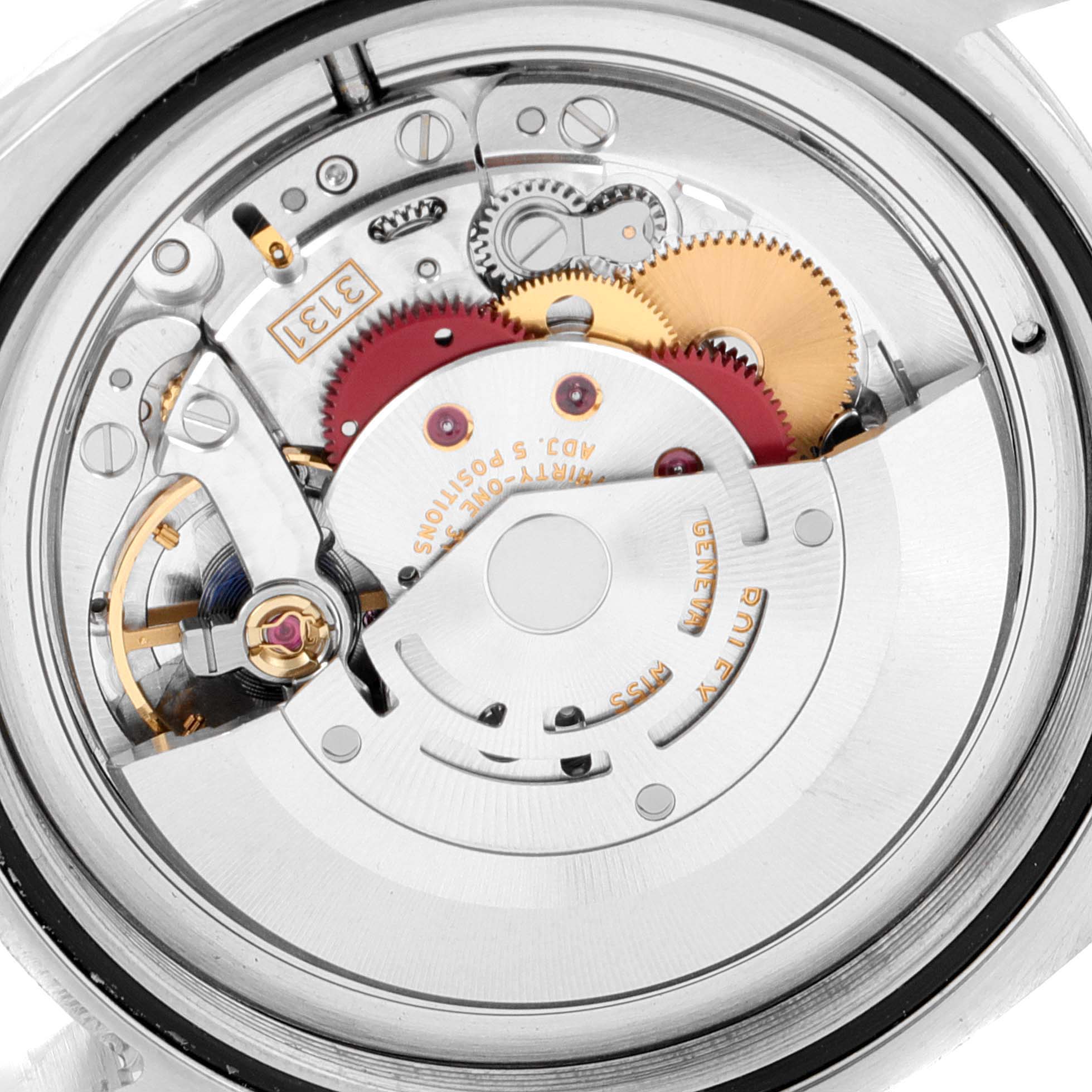 The image shows the internal movement mechanism of a Rolex Milgauss 116400V Men's Stainless Steel Black Dial 116400V Men's Stainless Steel Black Dial watch from a close-up, top-down perspective.