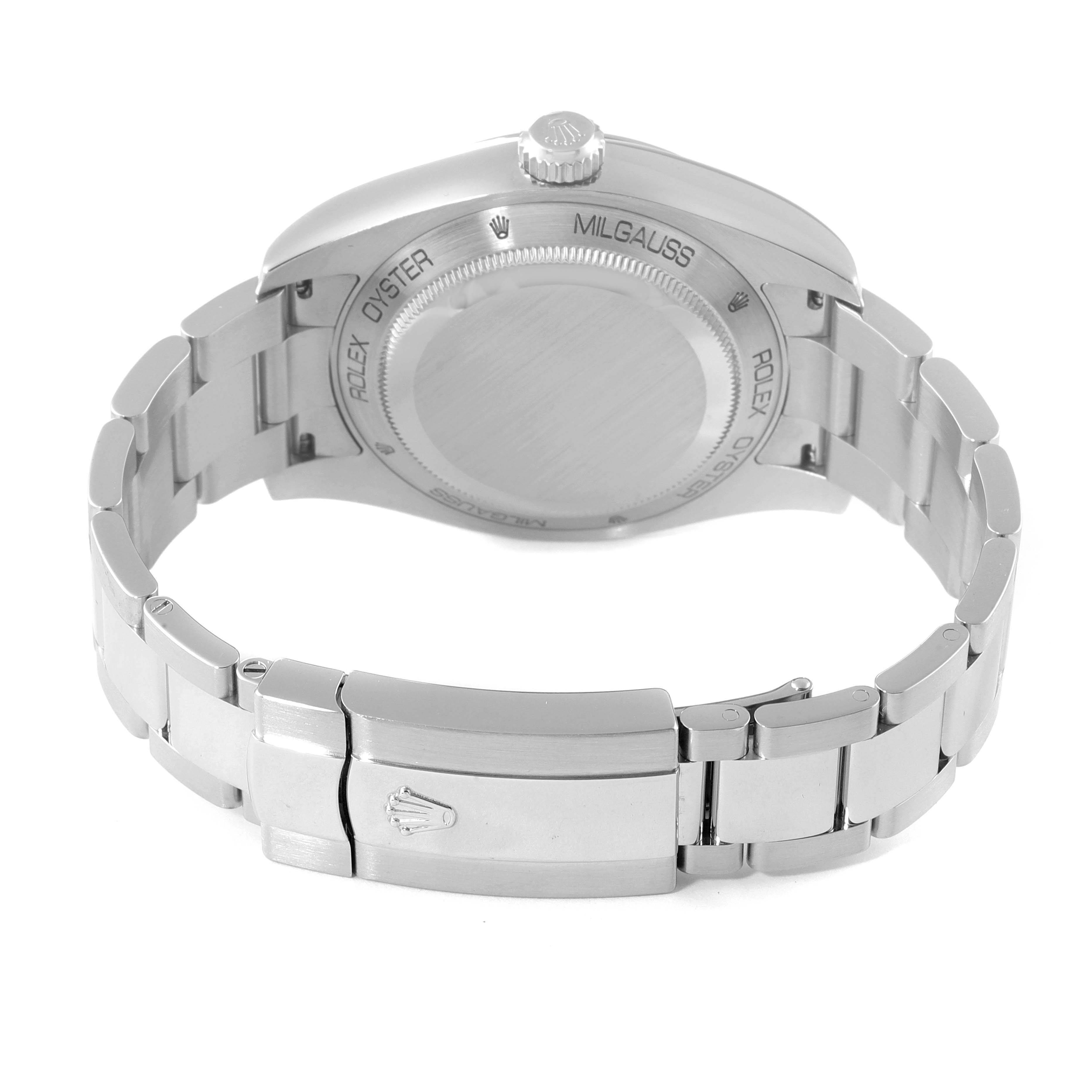 This image shows the back case and bracelet clasp of a Rolex Milgauss 116400V Men's Stainless Steel Black Dial 116400V Men's Stainless Steel Black Dial watch from a rear angle.