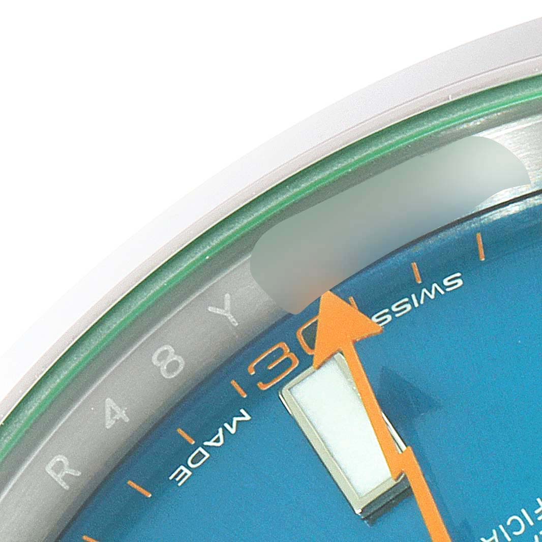 The image shows a close-up angle of the Rolex Milgauss 116400GV Men's Stainless Steel Blue Dial 116400GV Men's Stainless Steel Blue Dial watch dial, hands, and inner bezel.