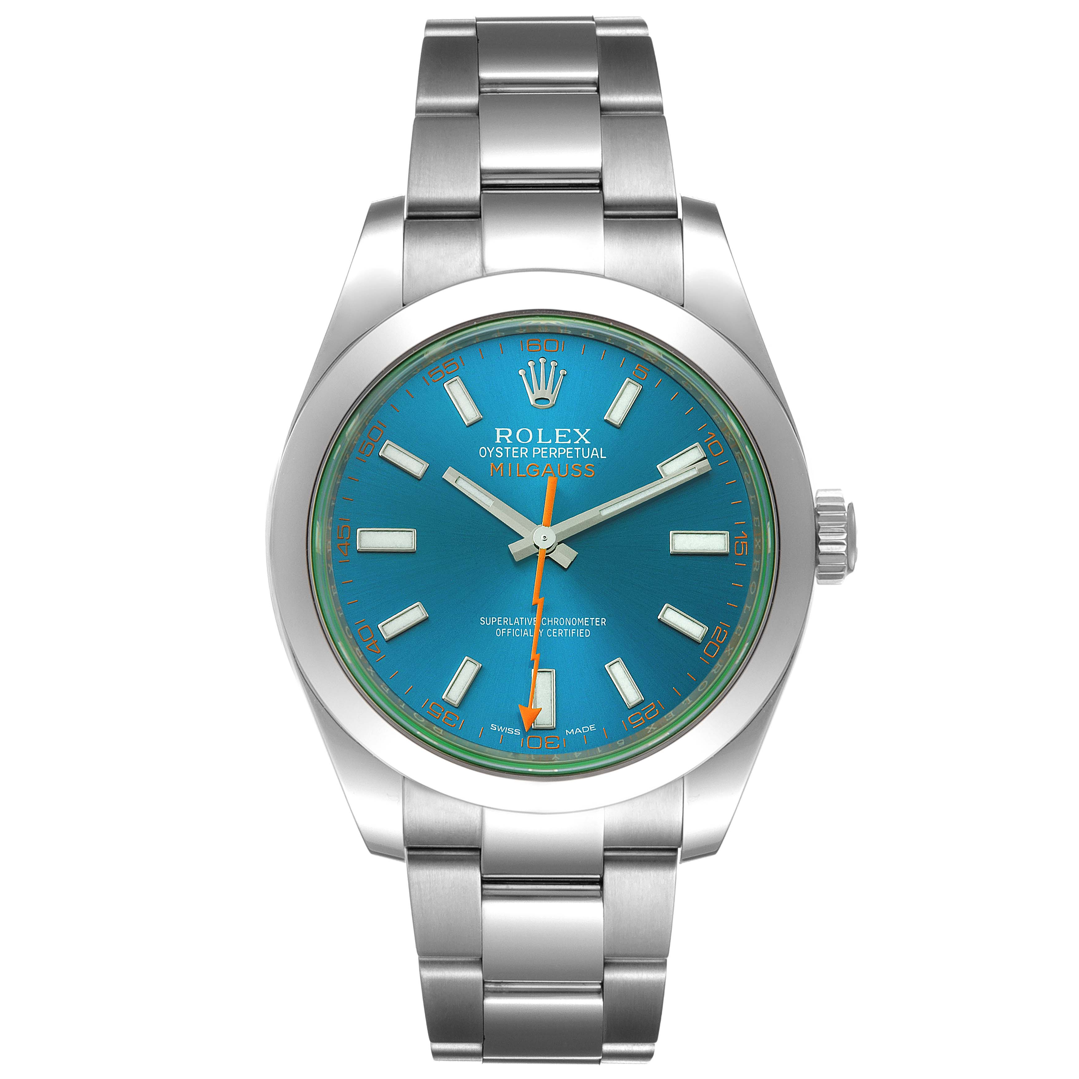The image shows a front view of the Rolex Milgauss 116400GV Men's Stainless Steel Blue Dial 116400GV Men's Stainless Steel Blue Dial watch, detailing its dial, hands, and bracelet.