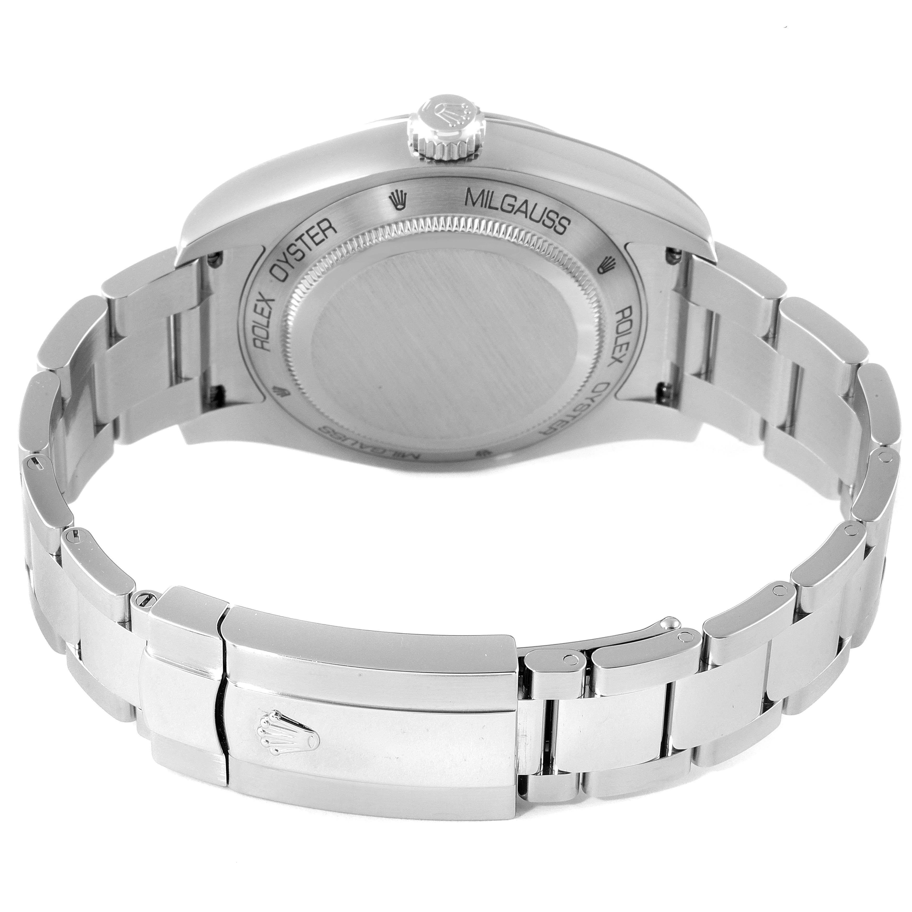 This image shows the back case and bracelet clasp of a Rolex Milgauss 116400GV Men's Stainless Steel Blue Dial 116400GV Men's Stainless Steel Blue Dial watch from a rear angle.