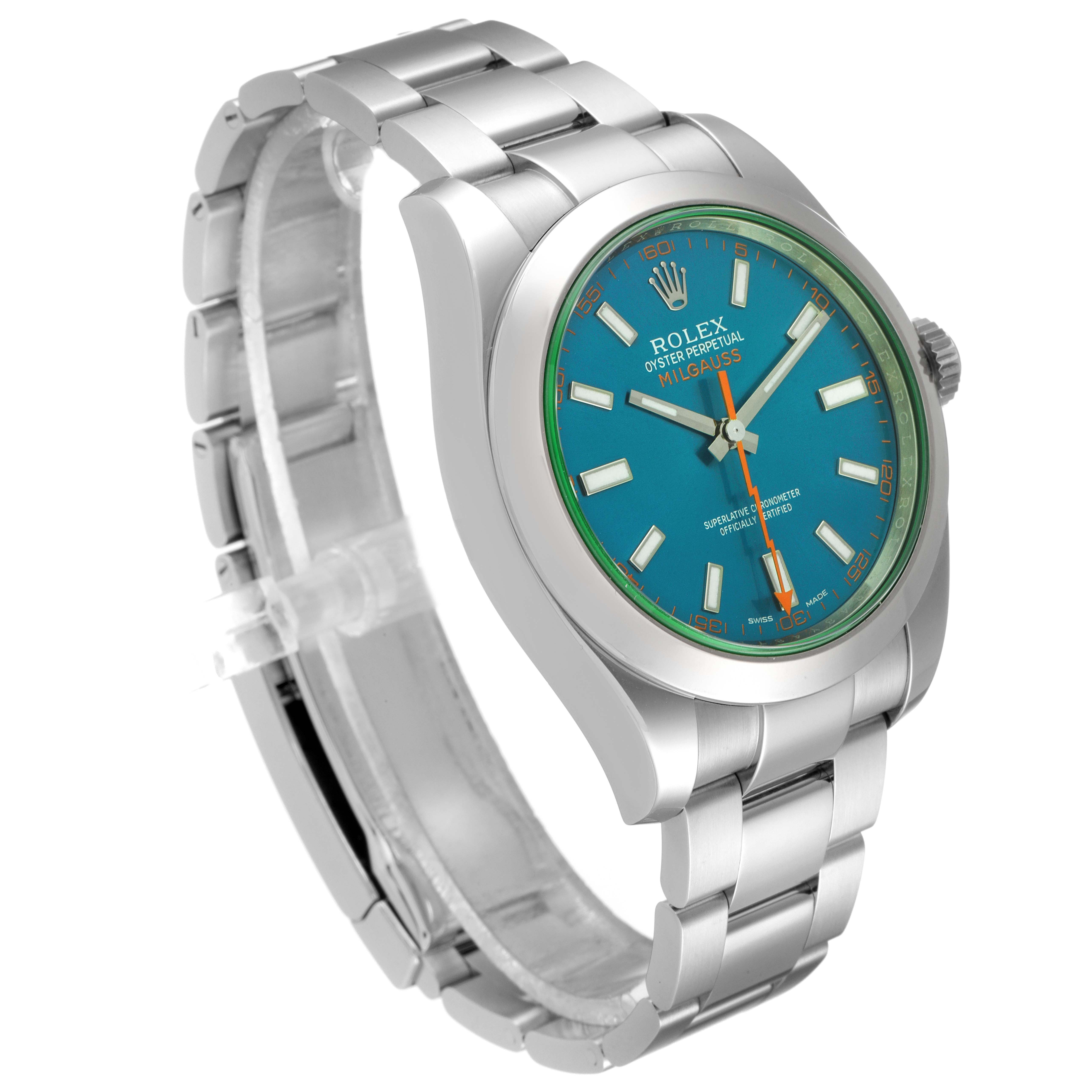 The image shows a Rolex Milgauss 116400GV Men's Stainless Steel Blue Dial 116400GV Men's Stainless Steel Blue Dial watch, angled to display the dial, bezel, crown, and part of the stainless steel bracelet.