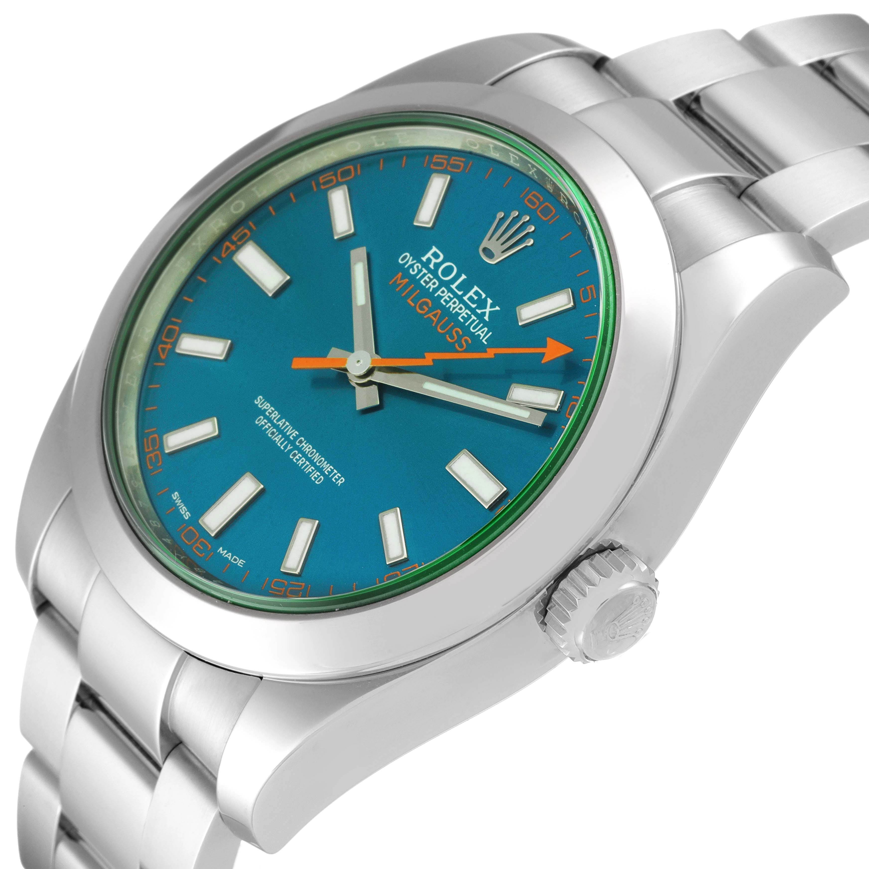 The image shows a side angle of the Rolex Milgauss 116400GV Men's Stainless Steel Blue Dial 116400GV Men's Stainless Steel Blue Dial watch, highlighting its blue dial, orange second hand, and stainless steel bracelet.