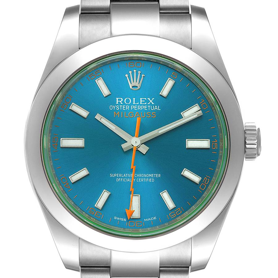 Rolex Milgauss Blue Dial Green Crystal Steel Mens Watch 116400GV Box Card SwissWatchExpo