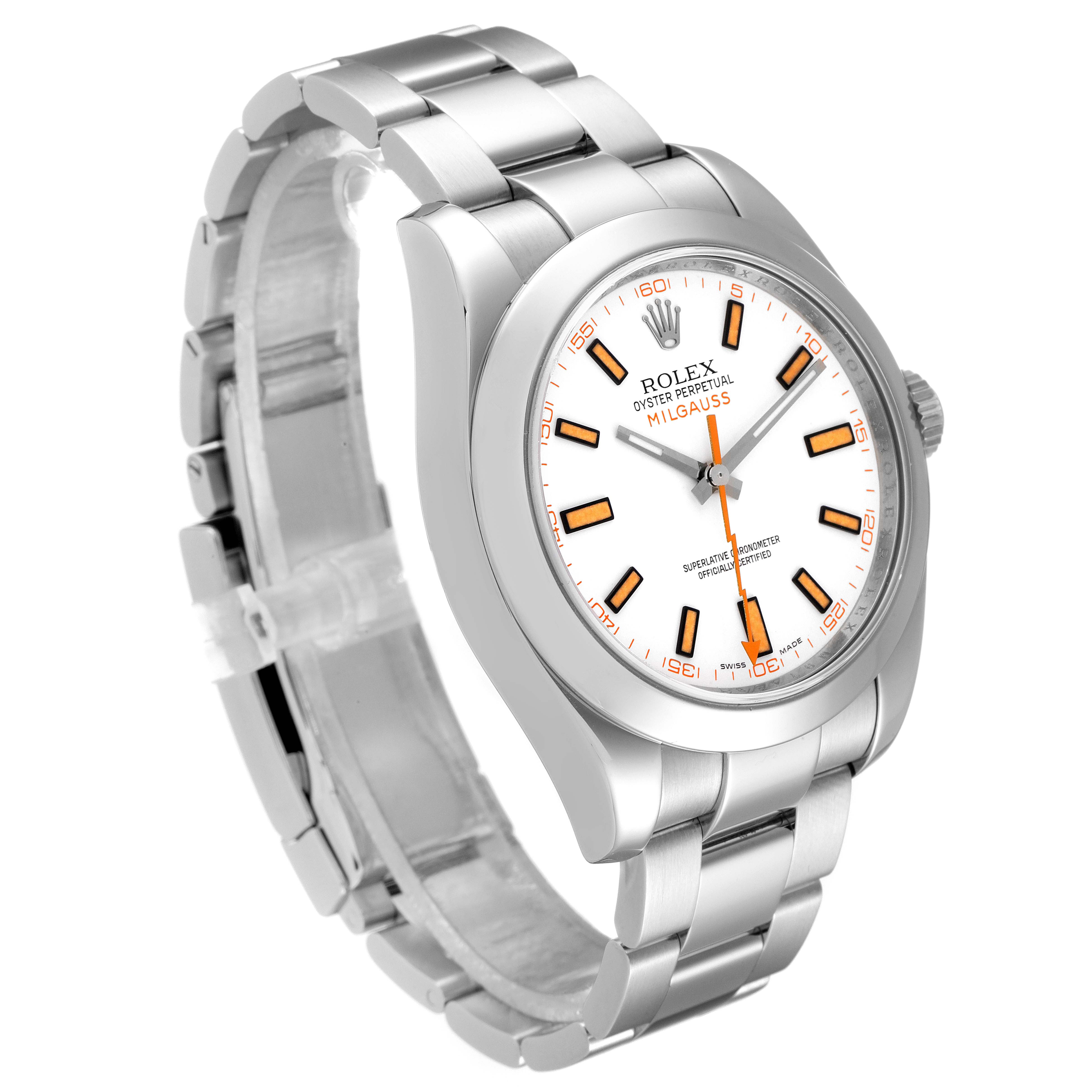 The Rolex Milgauss 116400V Men's Stainless Steel White Dial 116400V Men's Stainless Steel White Dial watch is shown at an angled side view, highlighting its bracelet, case, and dial with a white face and orange accents.