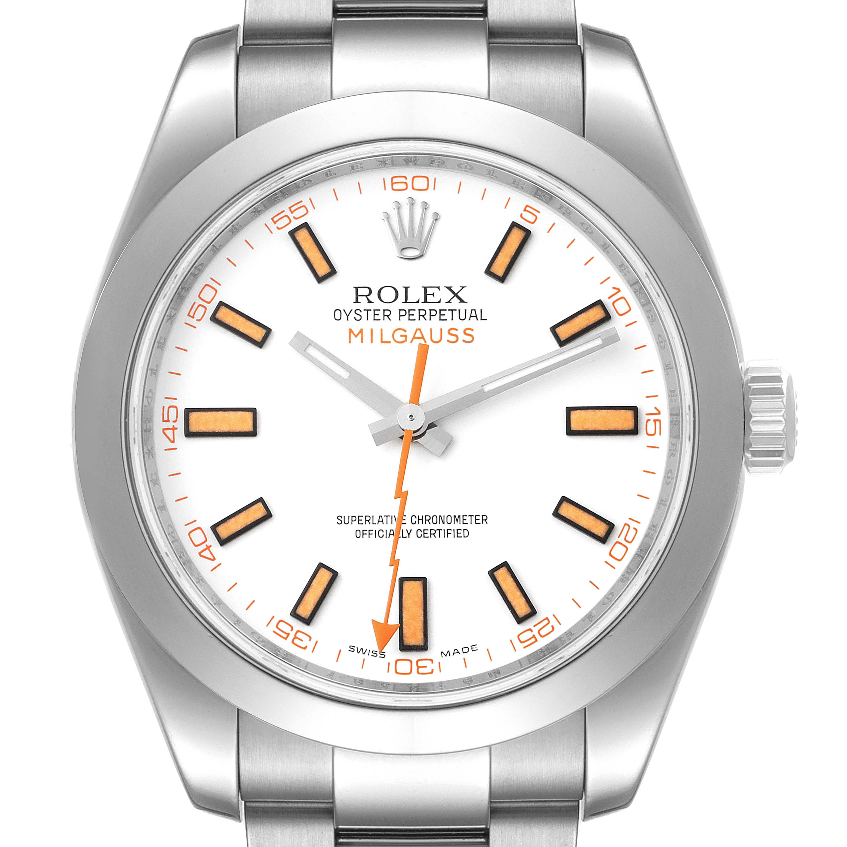 The image shows a front view of the Rolex Milgauss 116400V Men's Stainless Steel White Dial 116400V Men's Stainless Steel White Dial watch, highlighting its white dial, orange markers, and lightning bolt second hand.