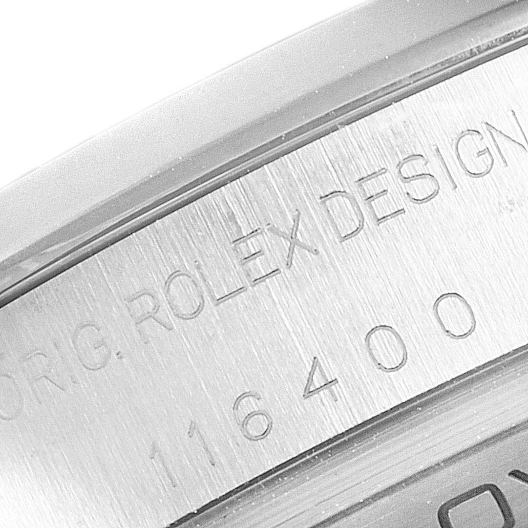 The image shows a close-up of the side of a Rolex Milgauss 116400V Men's Stainless Steel White Dial 116400V Men's Stainless Steel White Dial wristwatch, specifically the engraved model number "116400".