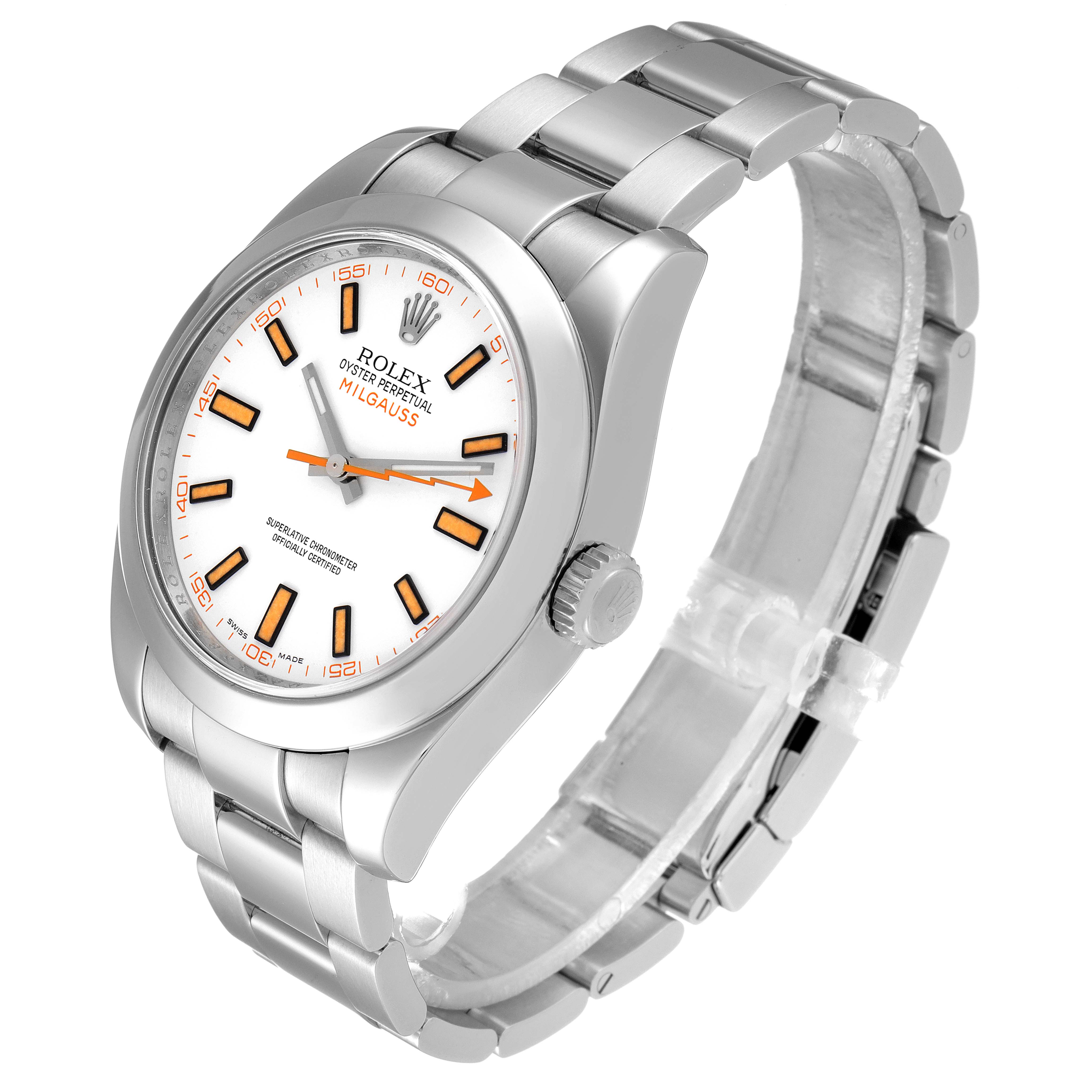 The image shows a Rolex Milgauss 116400V Men's Stainless Steel White Dial 116400V Men's Stainless Steel White Dial watch angled from the right, displaying the face, bezel, bracelet, and crown.
