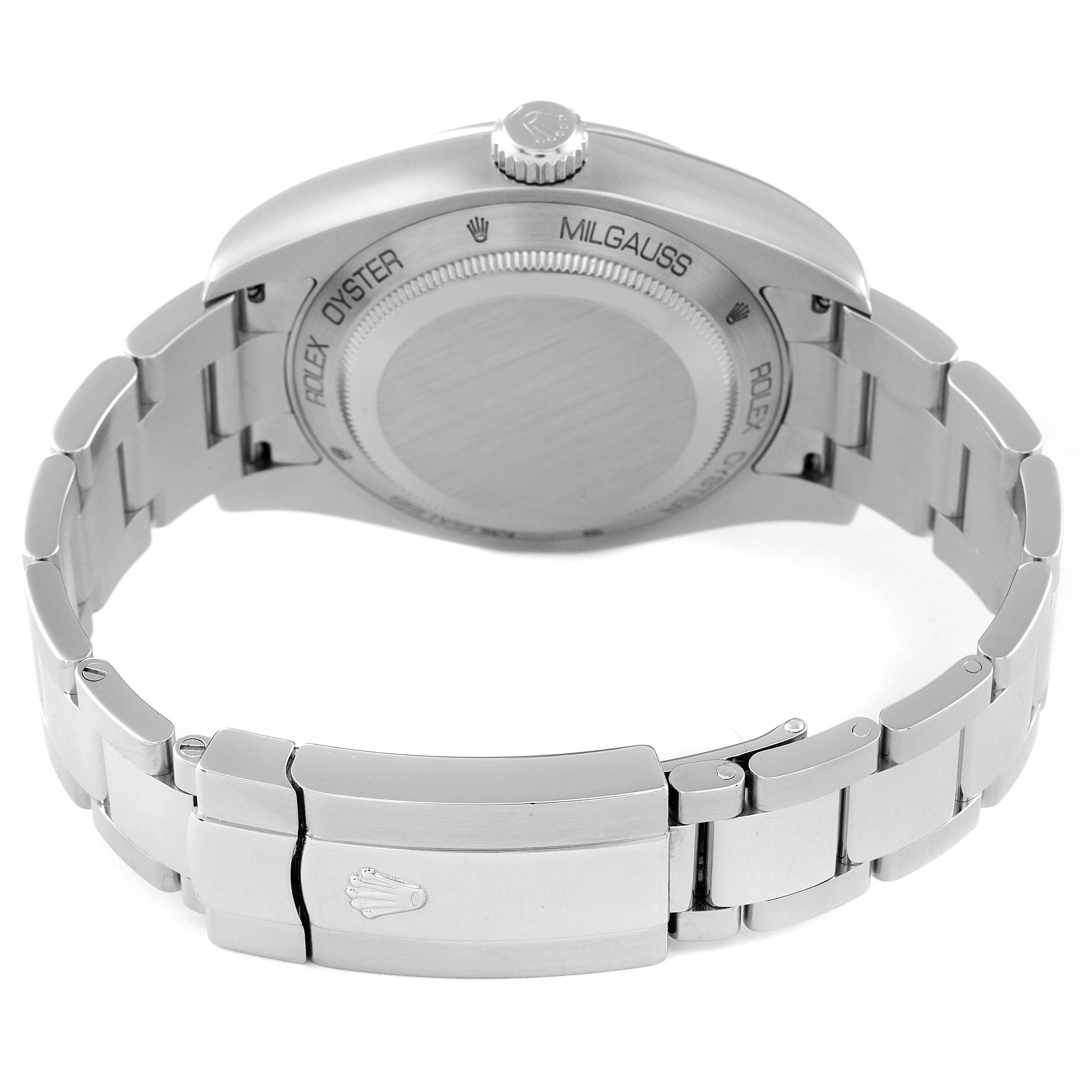 The image shows the back and bracelet clasp of a Rolex Milgauss 116400V Men's Stainless Steel White Dial 116400V Men's Stainless Steel White Dial watch at a rear angle.