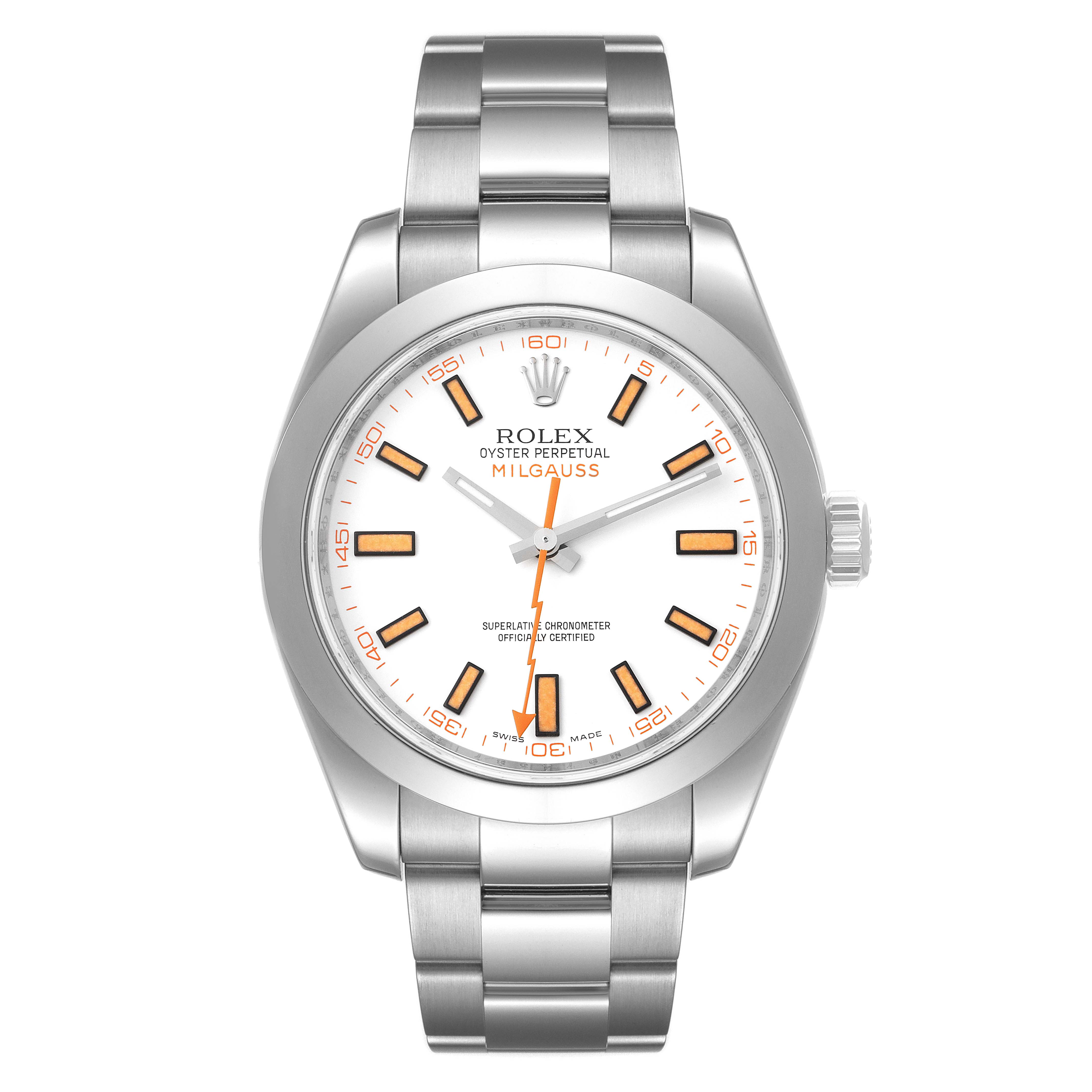 The image shows a Rolex Milgauss 116400V Men's Stainless Steel White Dial 116400V Men's Stainless Steel White Dial watch front view, displaying the dial, bezel, crown, and bracelet.