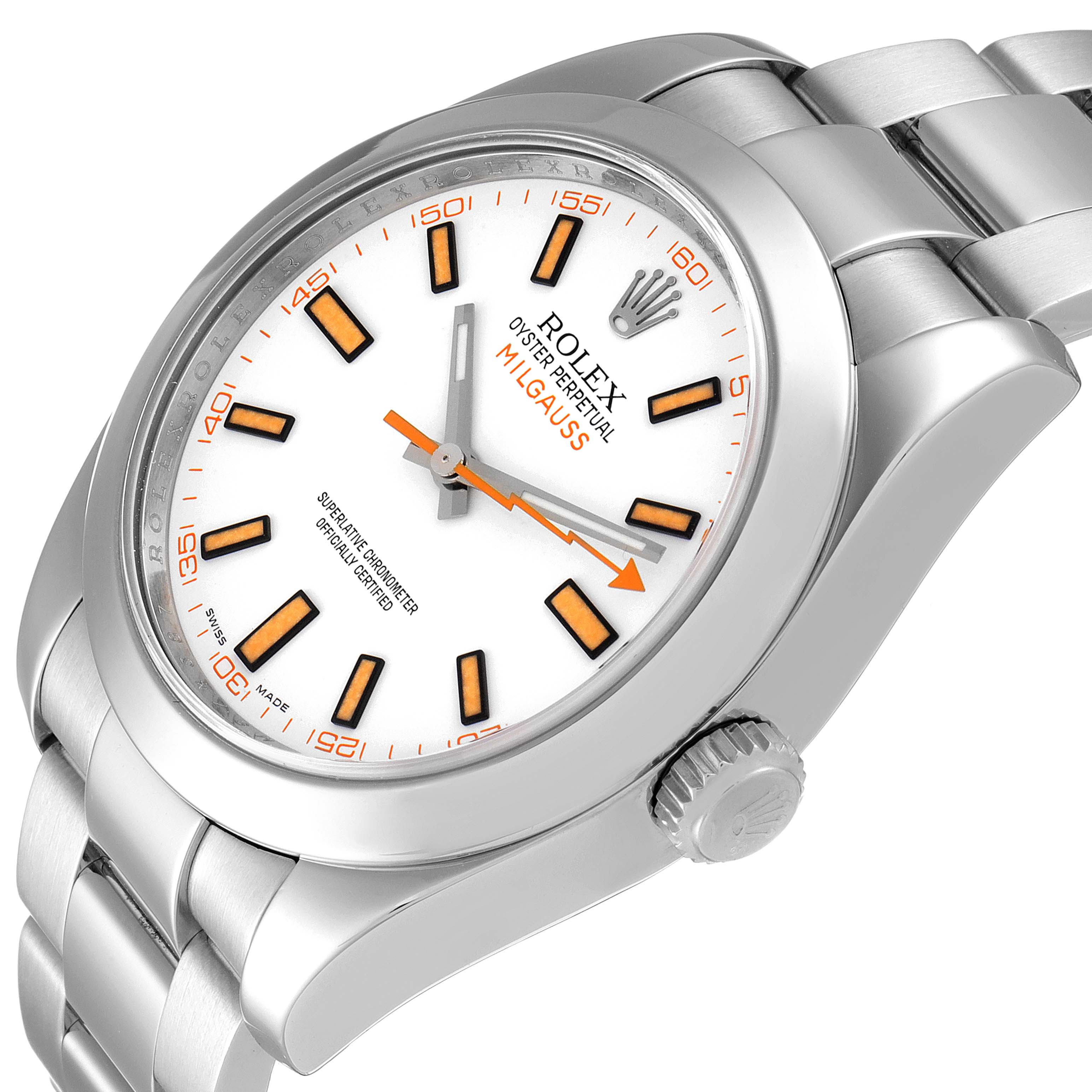 The image shows a close-up angle of the Rolex Milgauss 116400V Men's Stainless Steel White Dial 116400V Men's Stainless Steel White Dial watch's face, crown, and part of the bracelet.