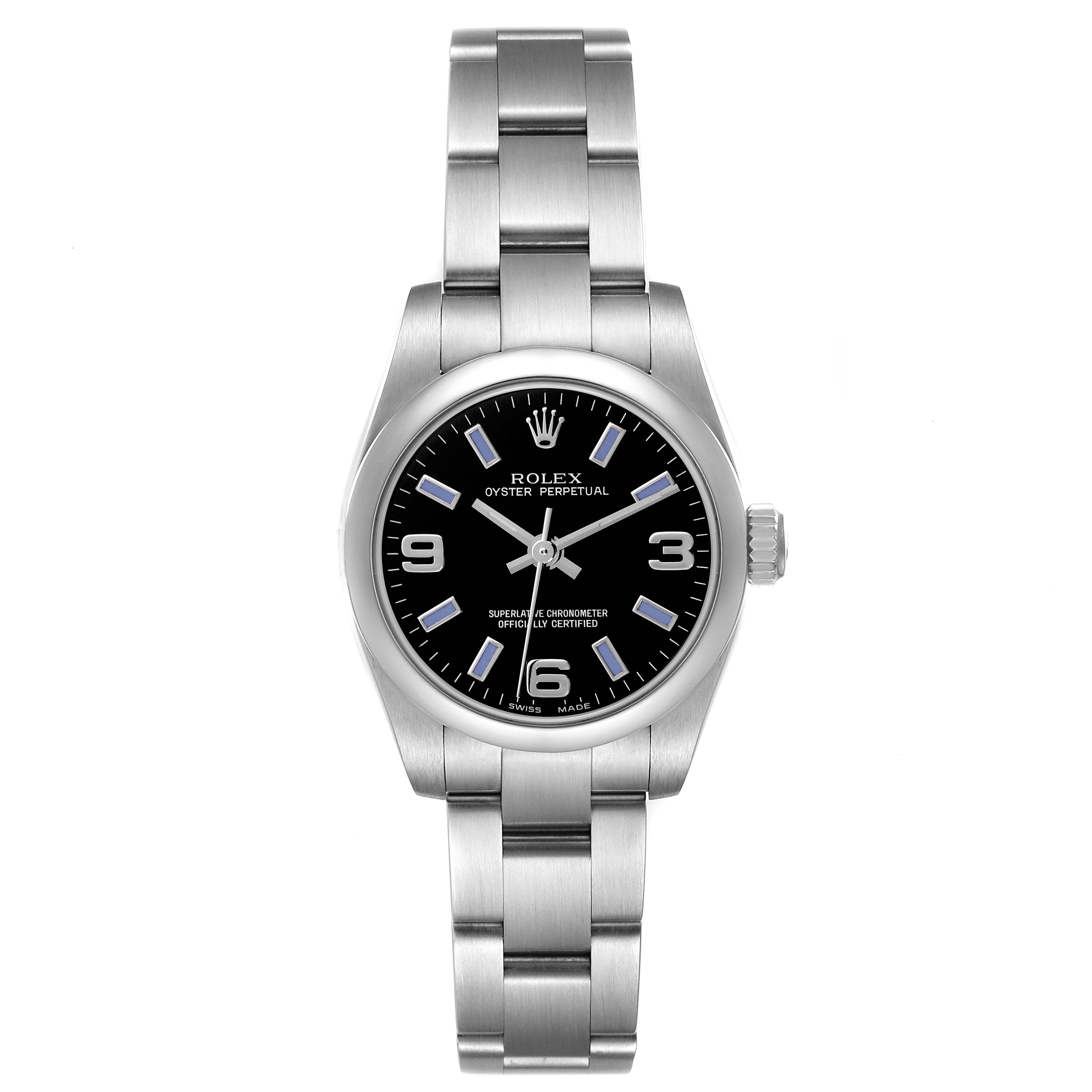 The Rolex Oyster Perpetual 176200 Women's Stainless Steel Black Dial 176200 Women's Stainless Steel Black Dial watch is shown from a top-down angle, displaying its face, bezel, crown, and bracelet.