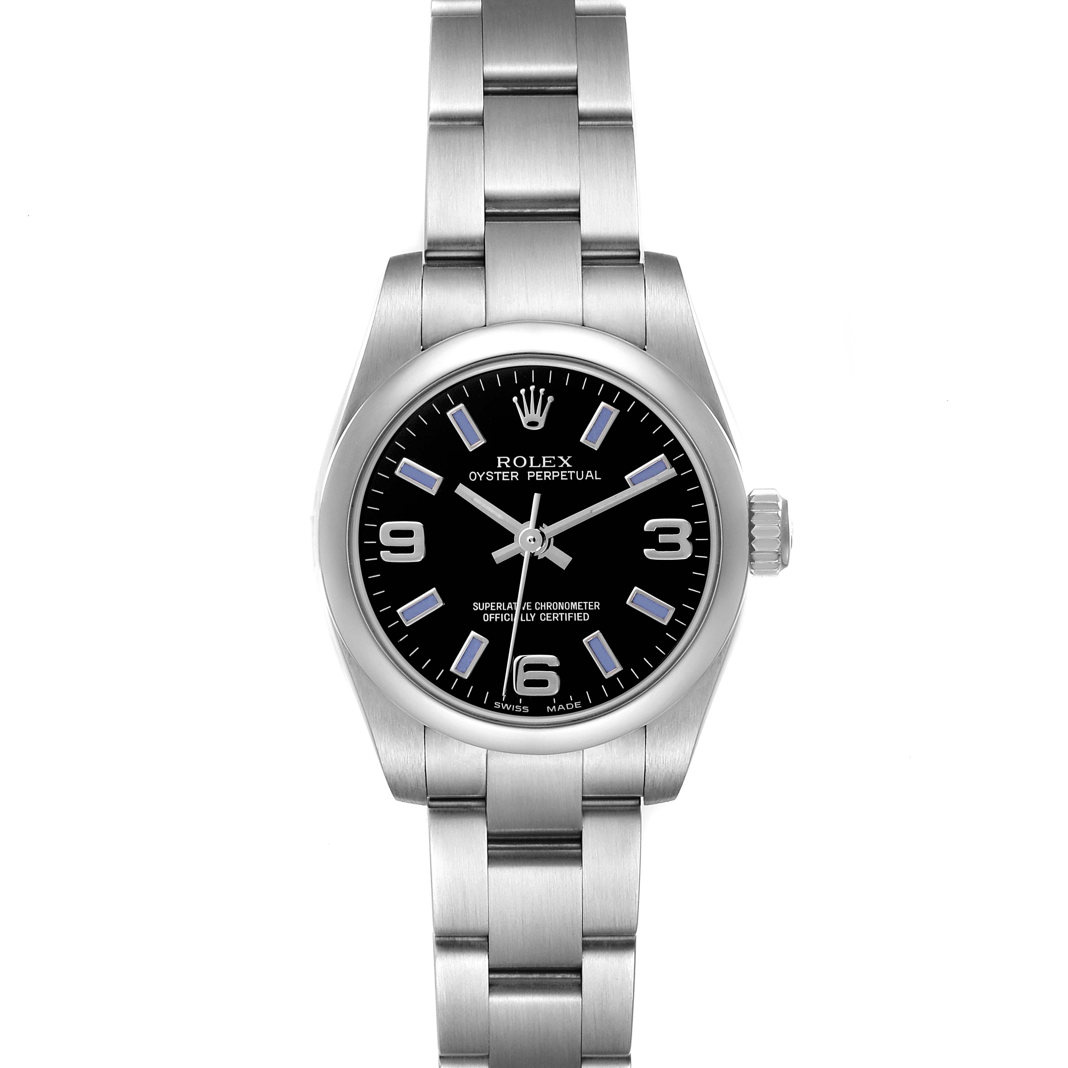 The Rolex Oyster Perpetual 176200 Women's Stainless Steel Black Dial 176200 Women's Stainless Steel Black Dial watch is shown from a front angle, displaying the dial, bezel, crown, and bracelet.