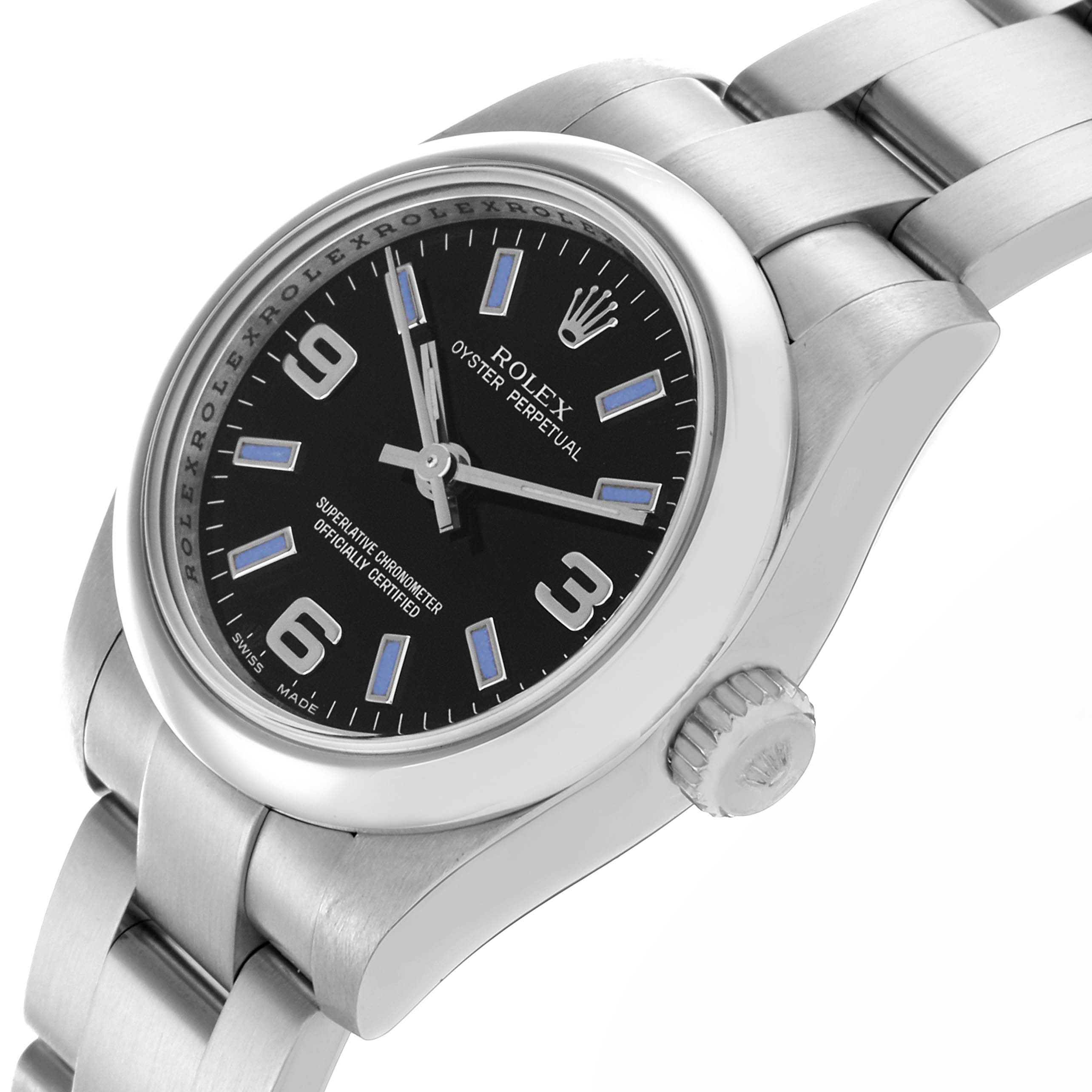 The Rolex Oyster Perpetual 176200 Women's Stainless Steel Black Dial 176200 Women's Stainless Steel Black Dial watch is shown from a side angle, displaying the dial, bezel, crown, and part of the bracelet.