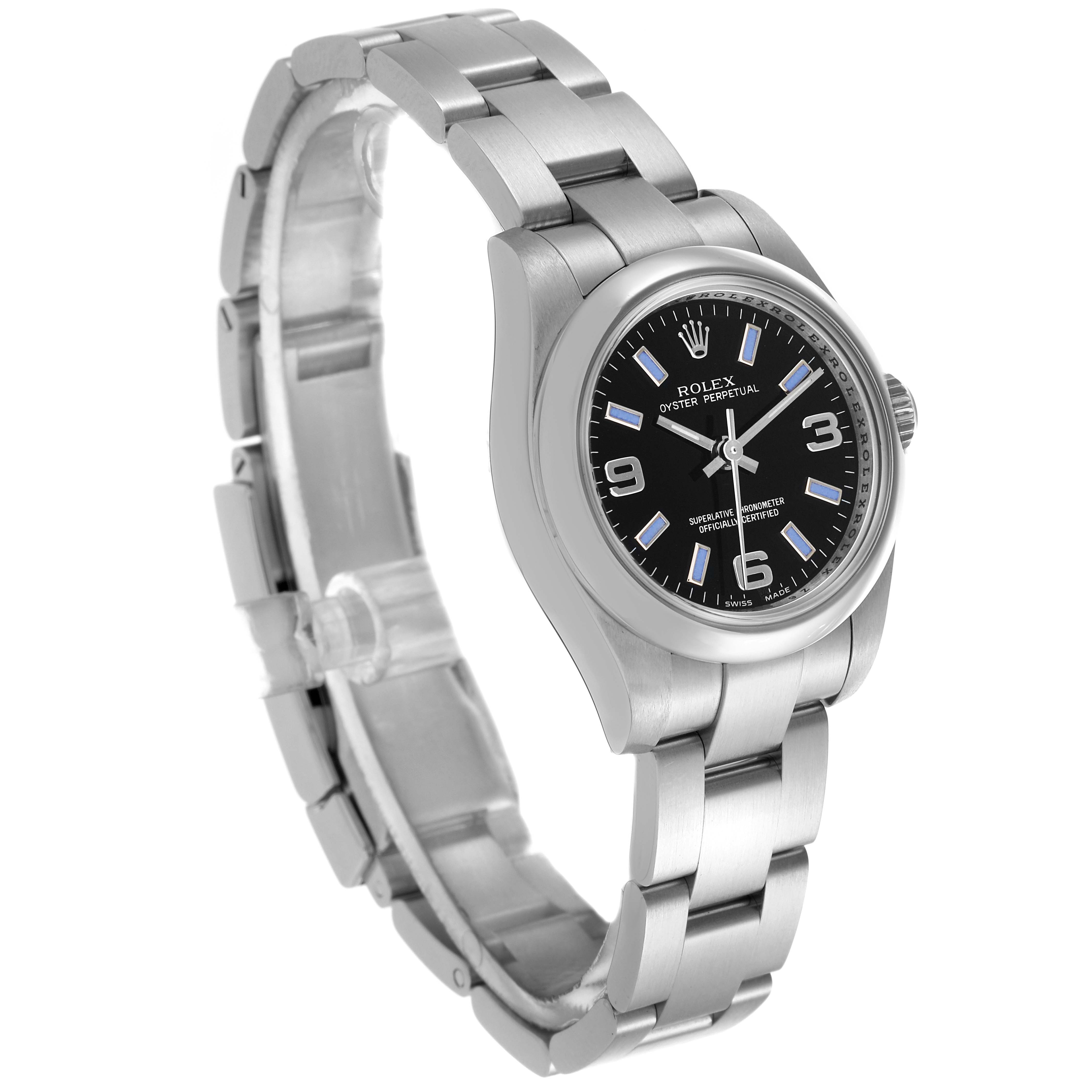 The Rolex Oyster Perpetual 176200 Women's Stainless Steel Black Dial 176200 Women's Stainless Steel Black Dial watch is shown at an angled side view, highlighting the bracelet, case, and black dial.